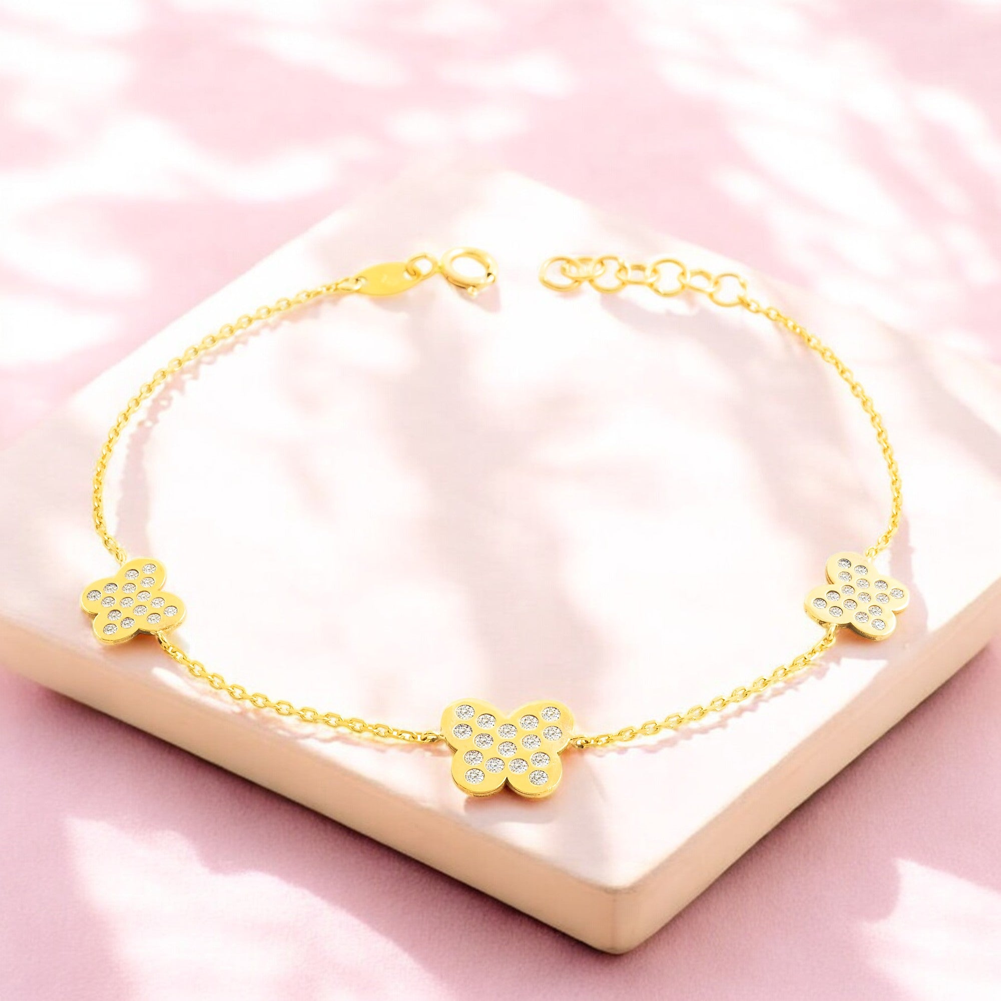 Women's-Girls 9K Yellow Gold Bracelet with Shiny Zirconia Butterflies, 18 cm