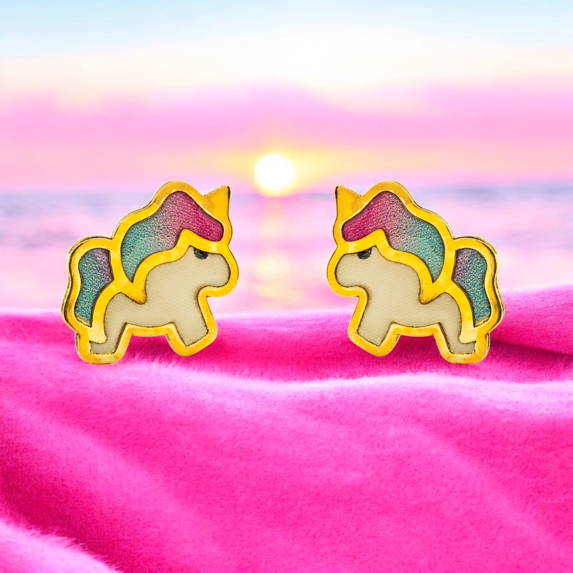 Girl's 9K Yellow Gold Unicorn Earrings with Multicolor Shiny Enamel