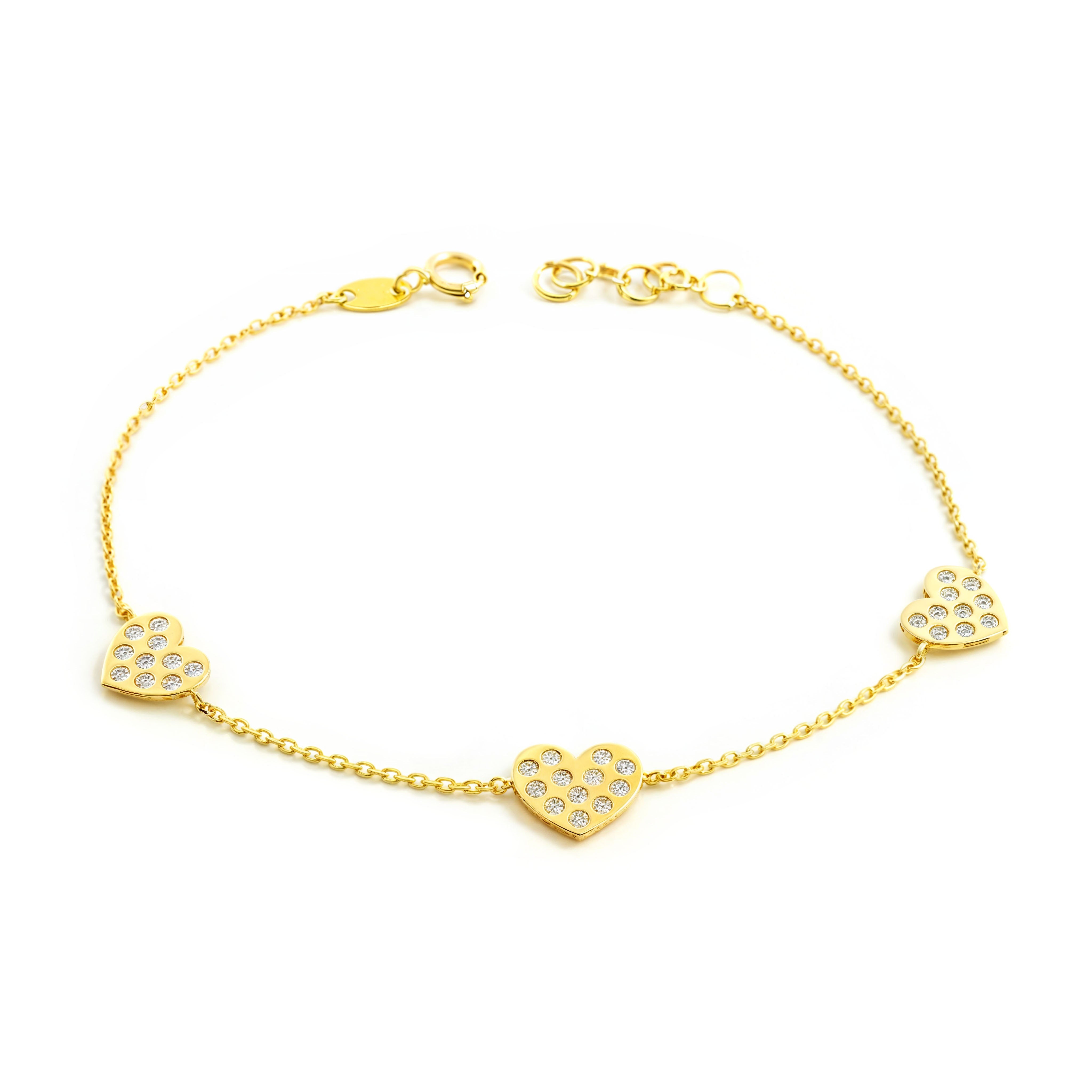 Women's-Girls 9K Yellow Gold Bracelet with Shiny Zirconia Hearts, 18 cm