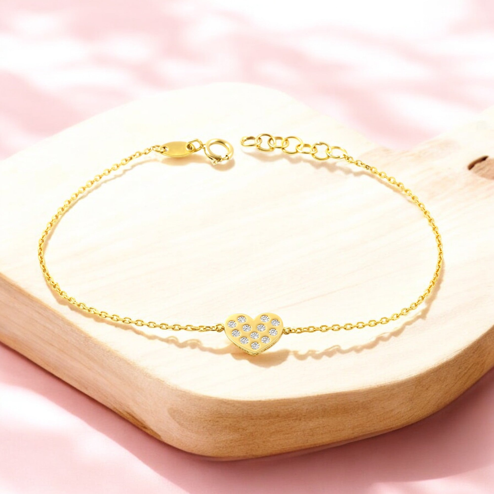 Pulsera Mujer Oro Amarillo 9K Corazón Circonita Brillo 16 cm