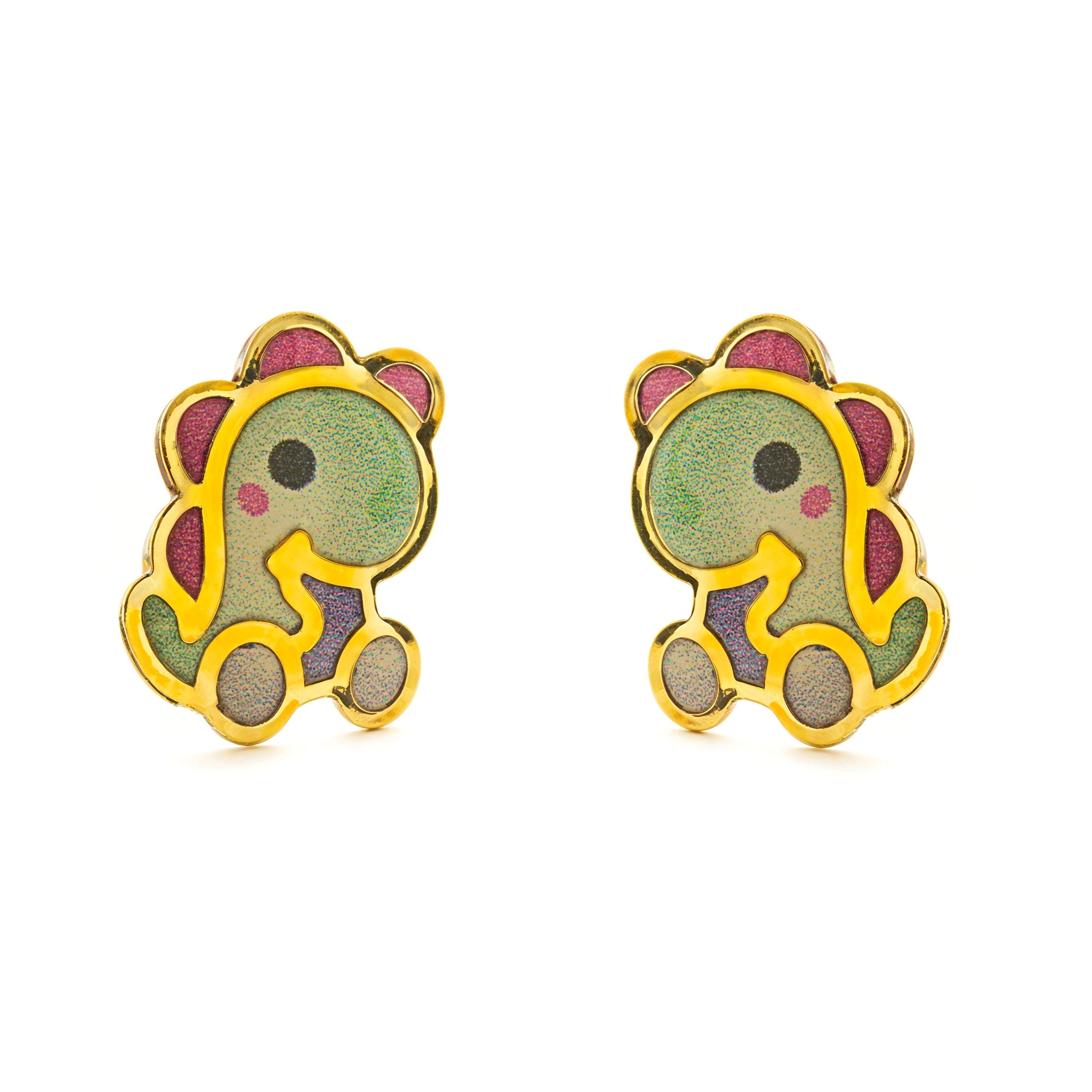9K Yellow Gold Dinosaur Girl's Earrings with Multicolor Shiny Enamel