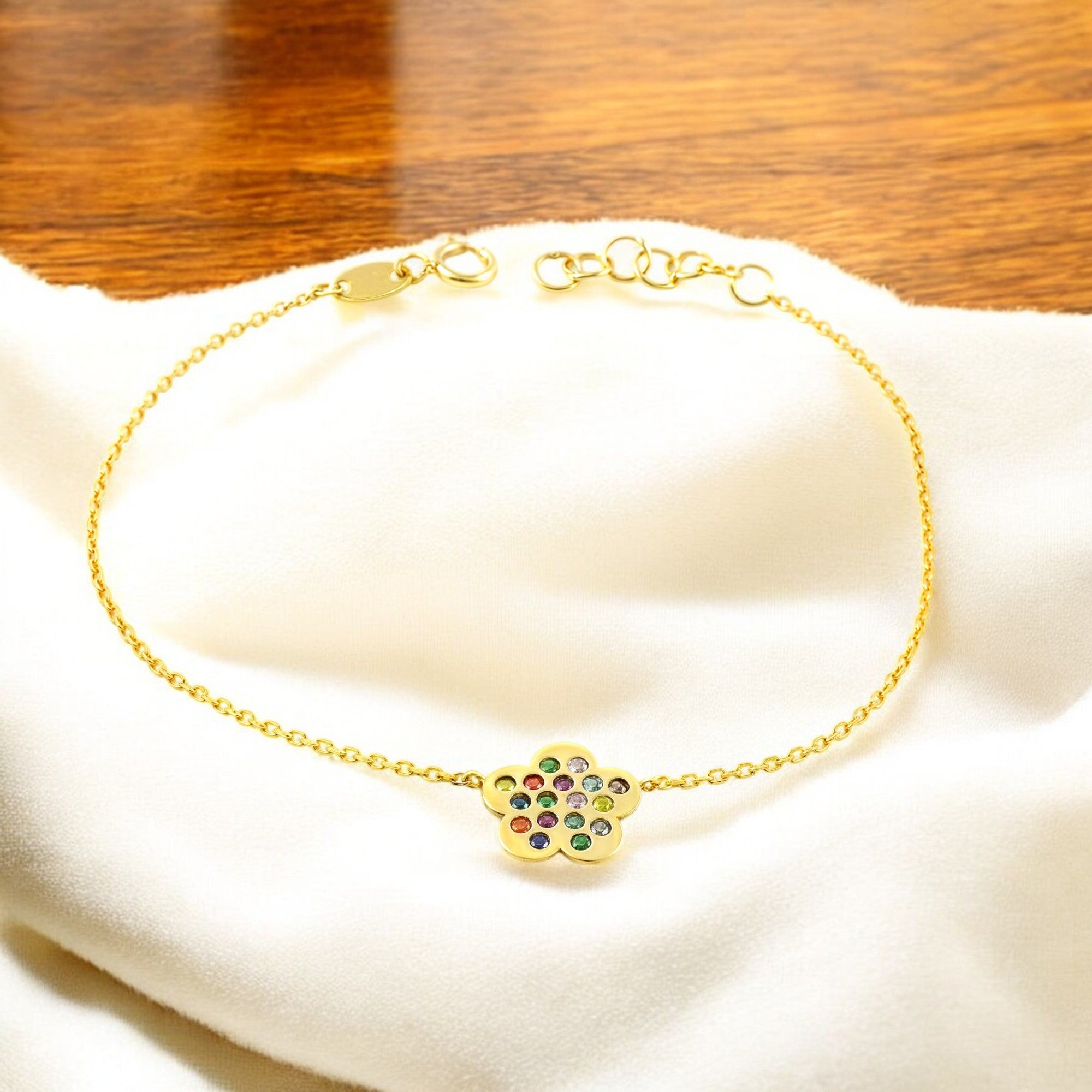 Pulsera Mujer Oro Amarillo 9K Flor Margarita Circonita Color Brillo 17 cm