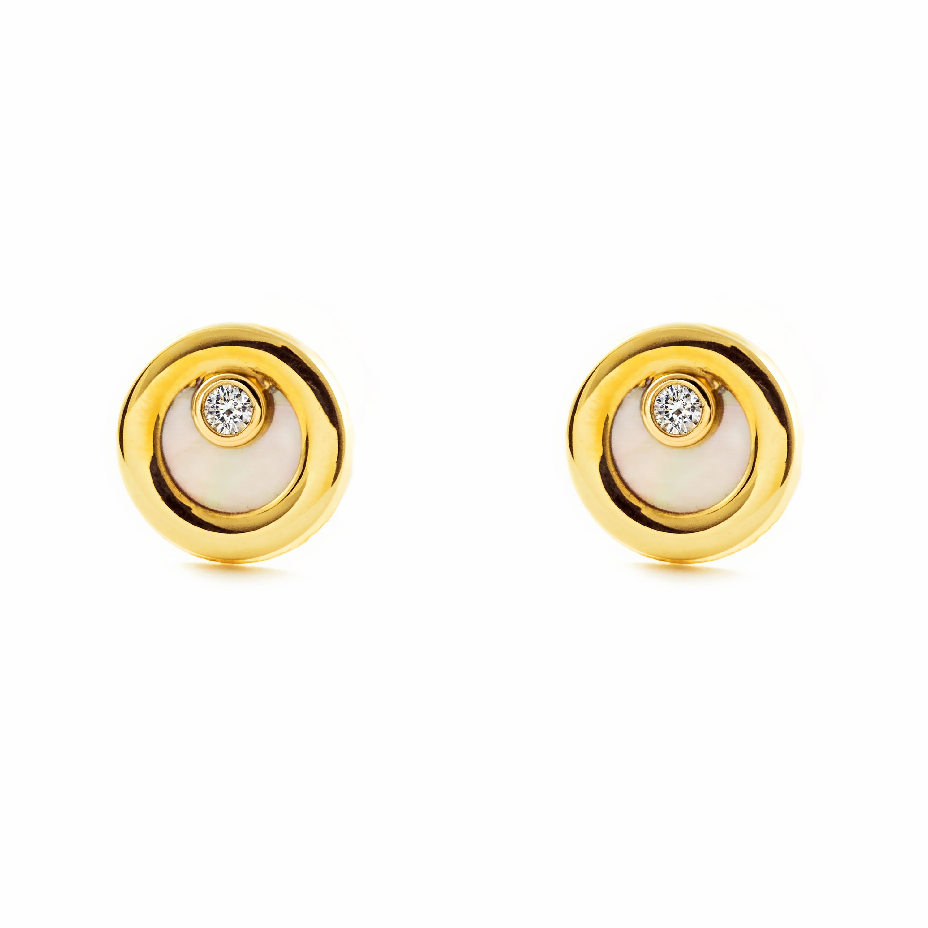 9K Yellow Gold Girl's Earrings with Round Mother-of-Pearl and Shiny Zirconia