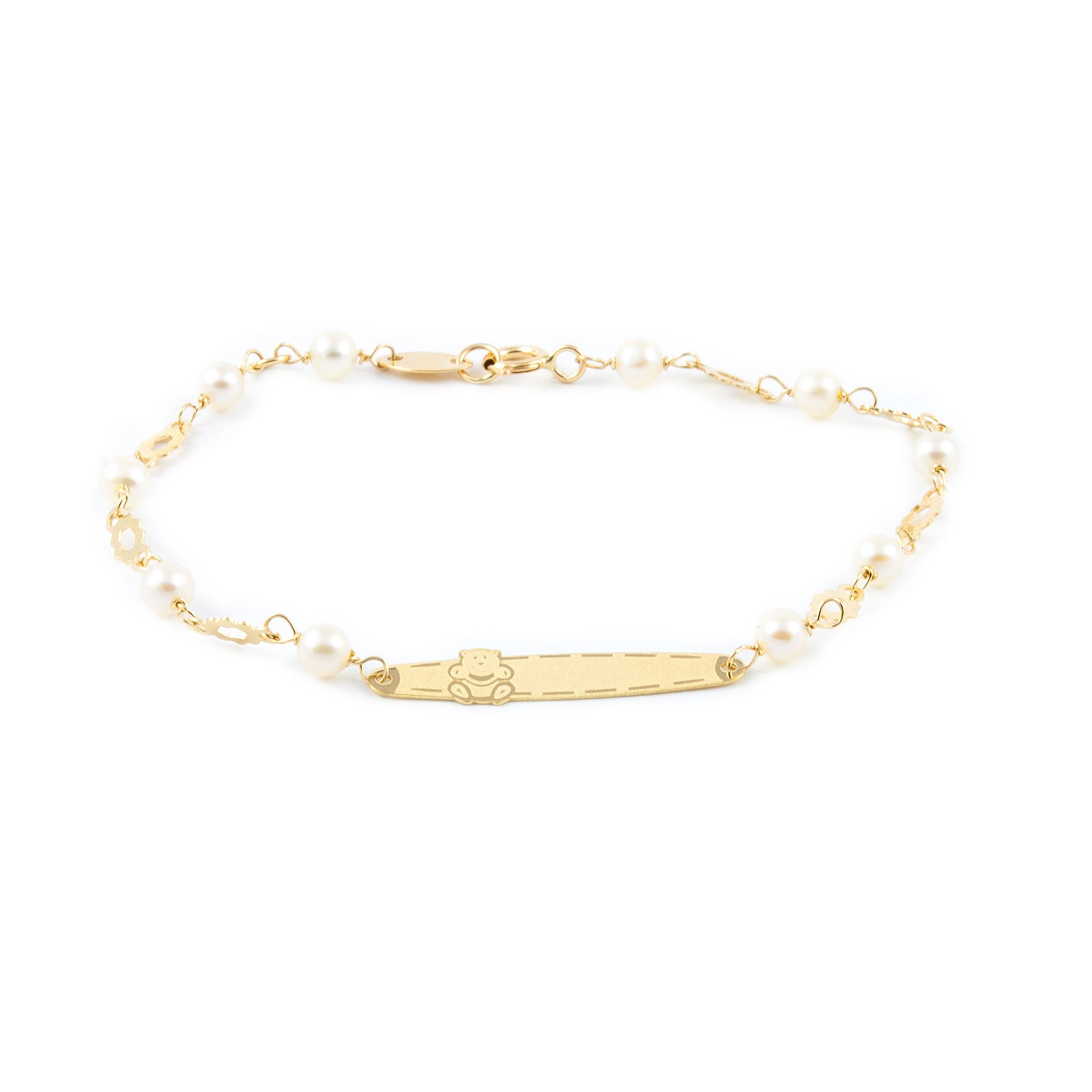Pulsera Niña Oro Amarillo 18K Personalizada Esclava Oso Redonda 3 mm Mate y Brillo 15 cm