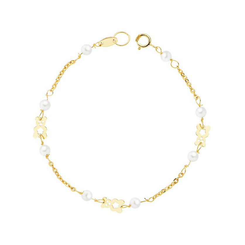 Pulsera Niña Oro Amarillo 18K Perla Redonda 3 mm Oso Brillo 13 cm