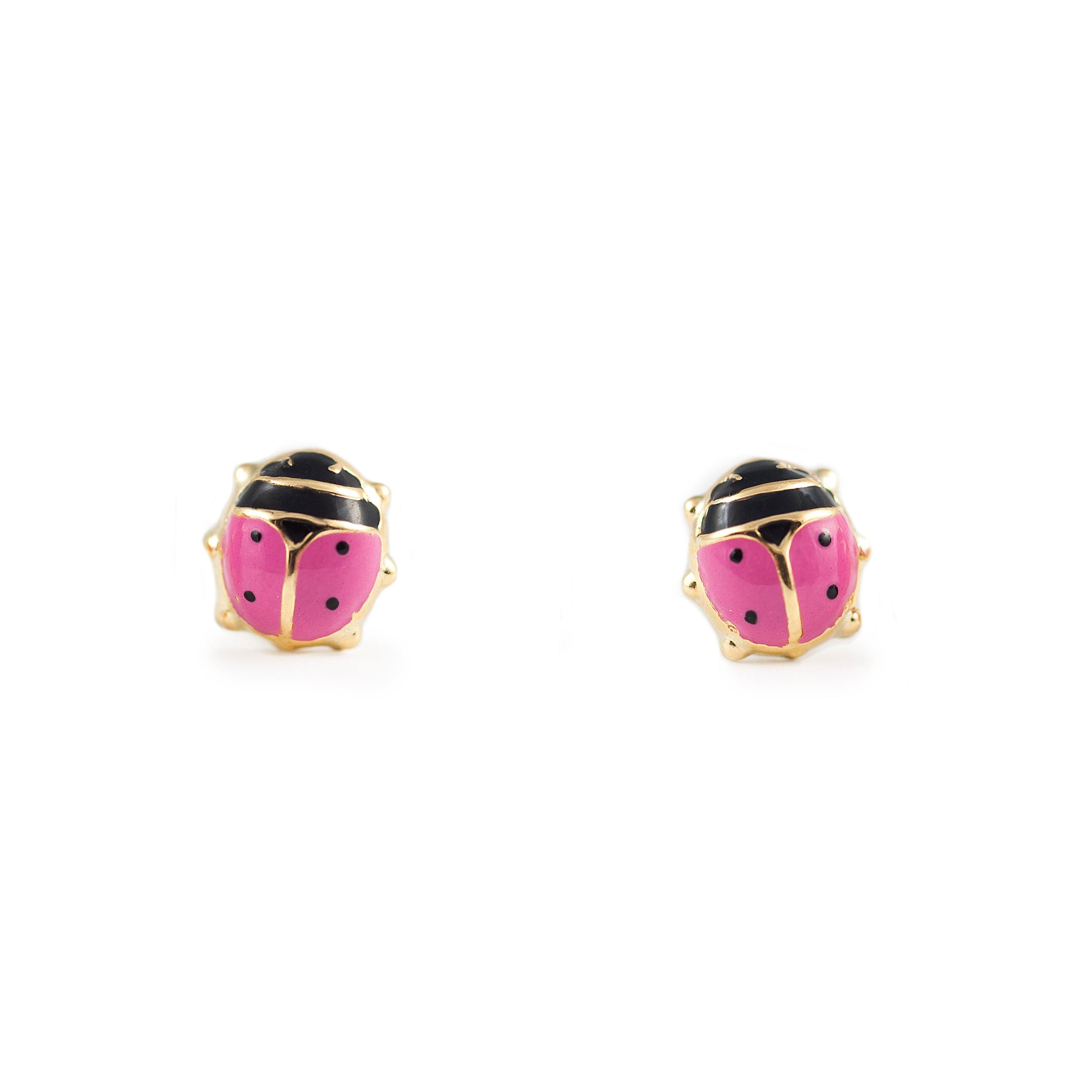 Pendientes Niña Oro Amarillo 9K Mariquita Esmalte Rosa-Negro Brillo