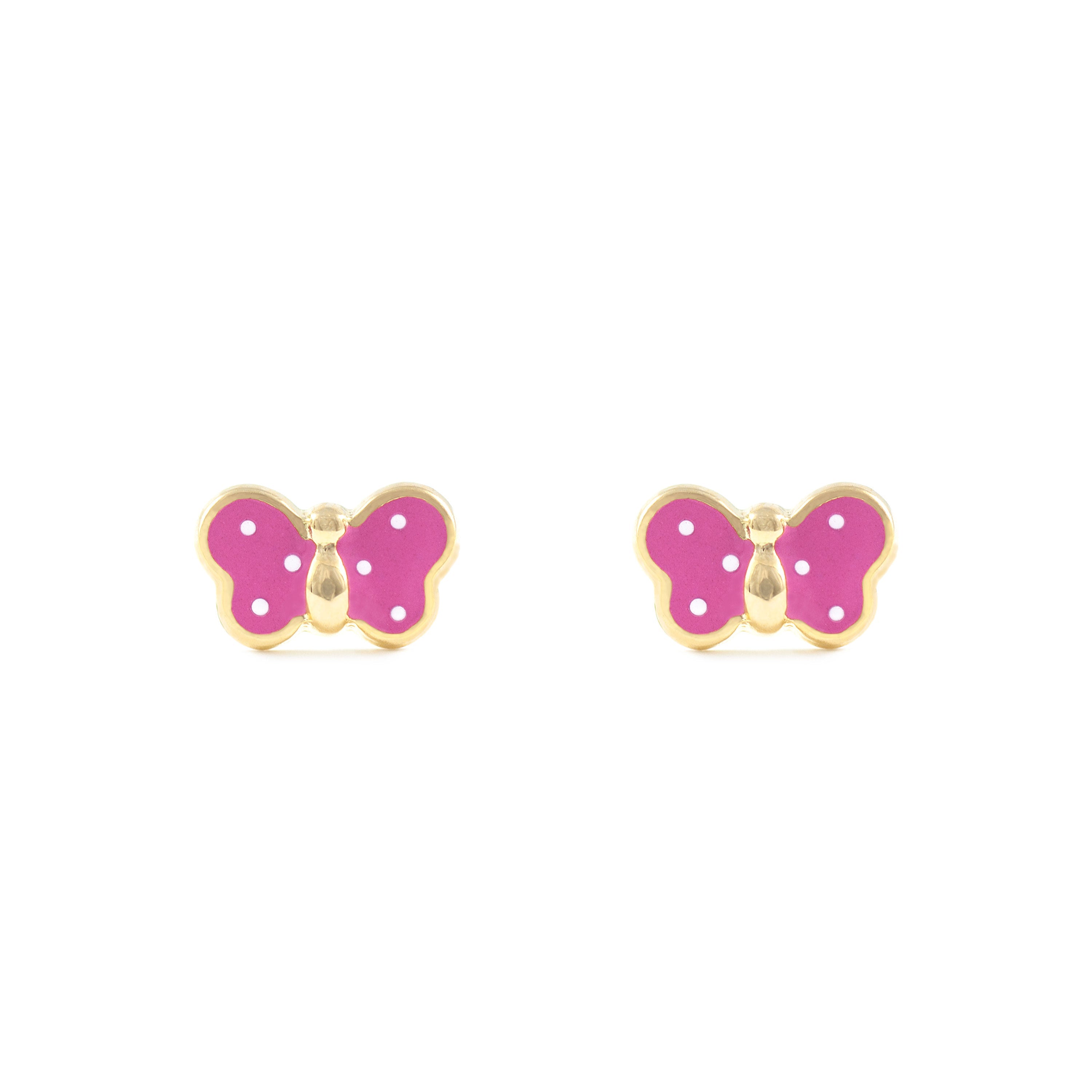 Pendientes Bebe-Niña Oro Amarillo 9K Mariposa Esmalte Rosa Intenso Brillo