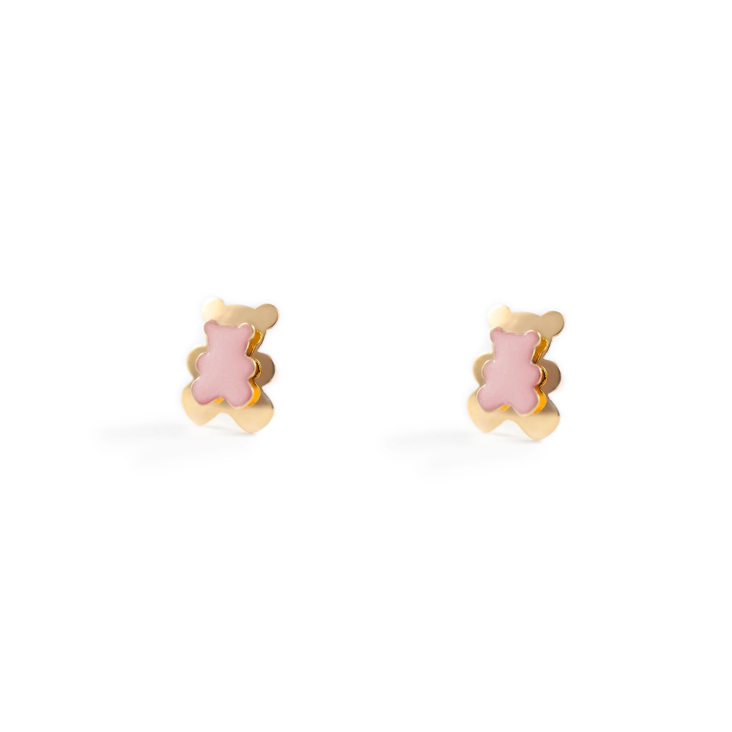 Pendientes Niña Oro Amarillo 9K Oso Esmalte Rosa Claro Brillo