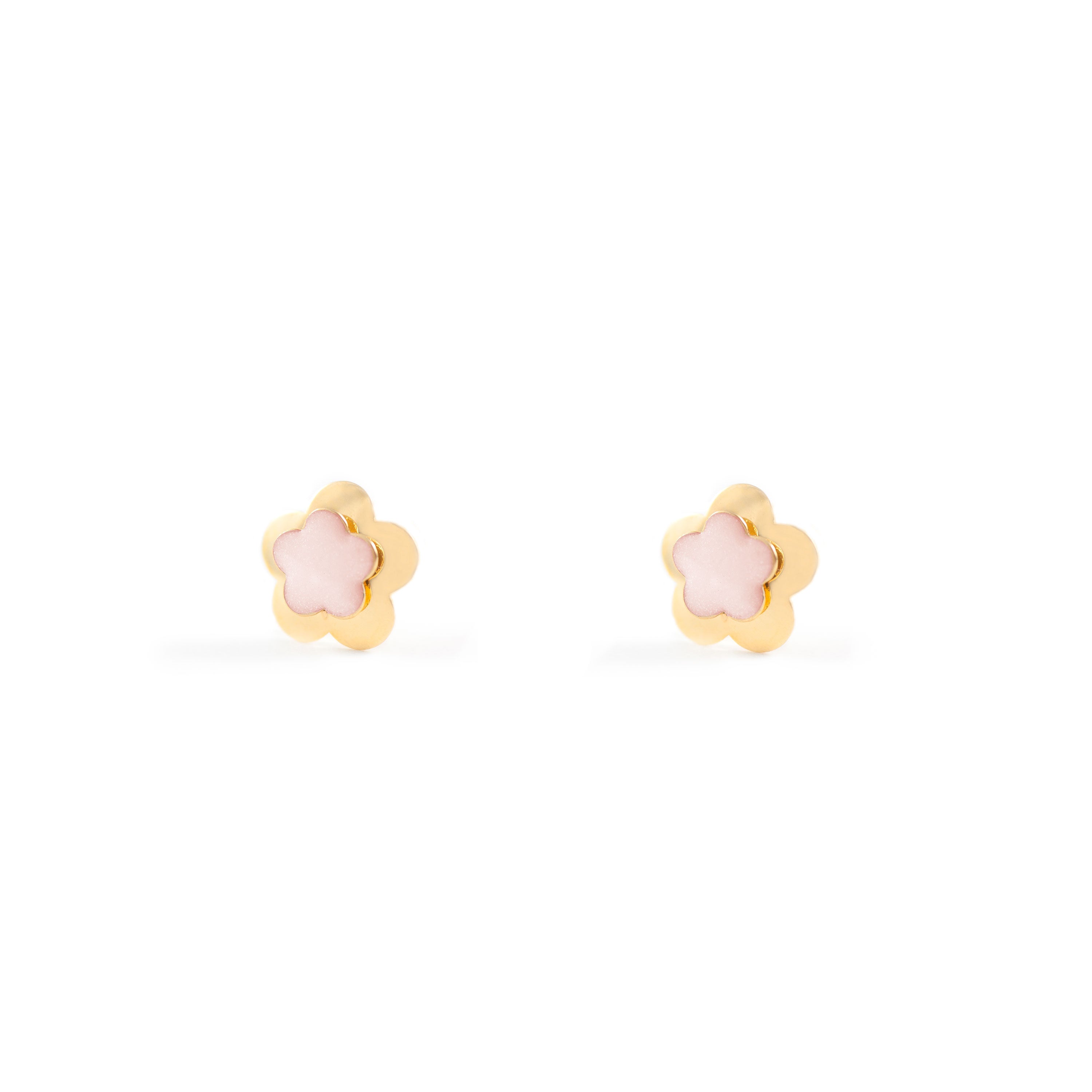Pendientes Niña Oro Amarillo 9K Flor Esmalte Rosa Claro Brillo