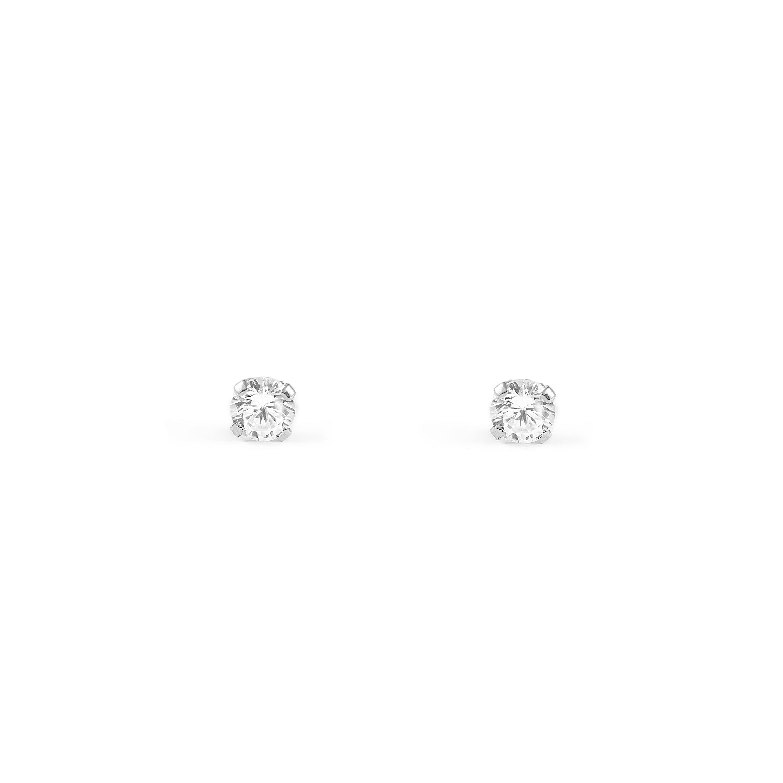 Pendientes Bebe Oro Blanco 18K Garra Circonita 3 mm Brillo