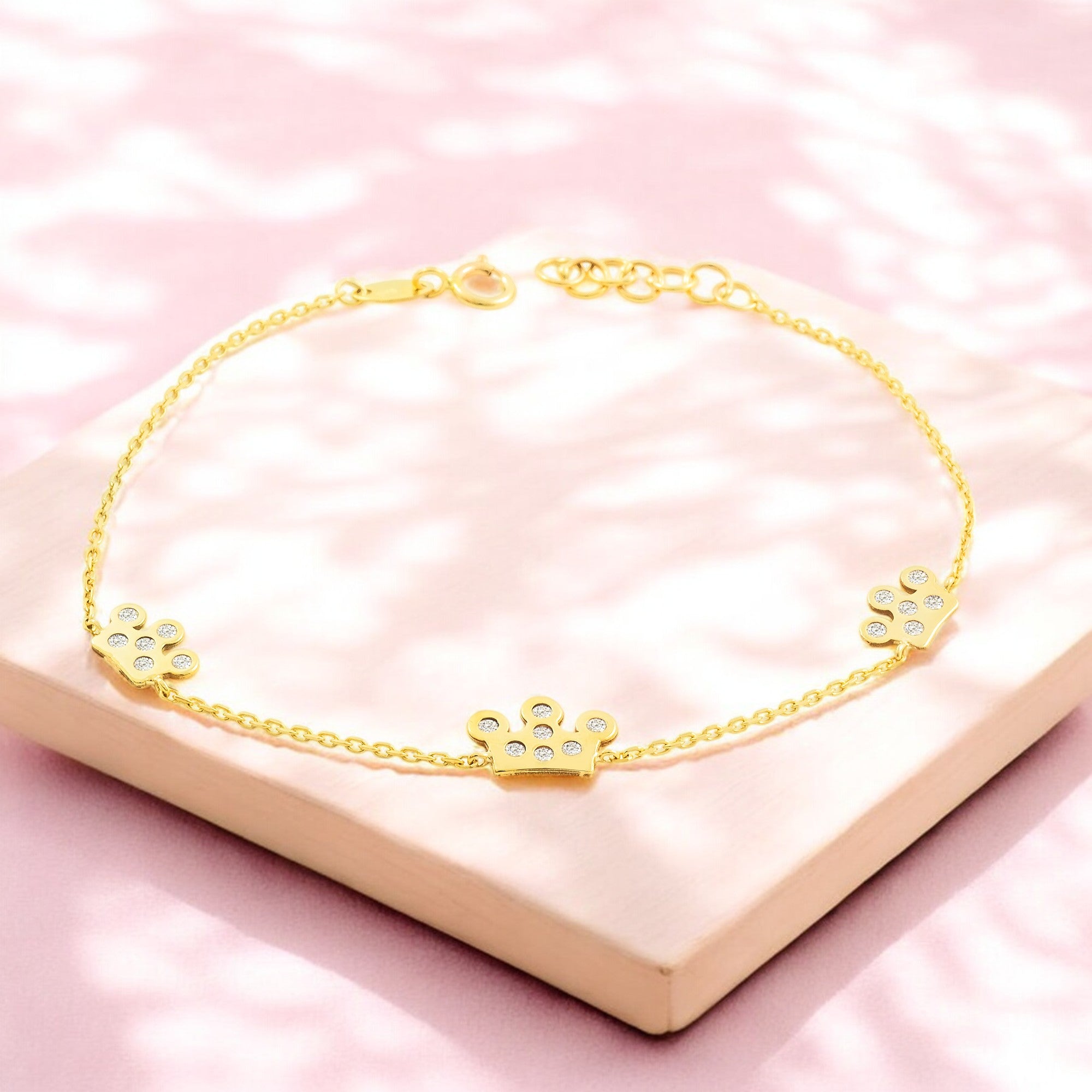 Women's-Girls Bracelet 9K Yellow Gold Crowns Zirconia Shine 18 cm