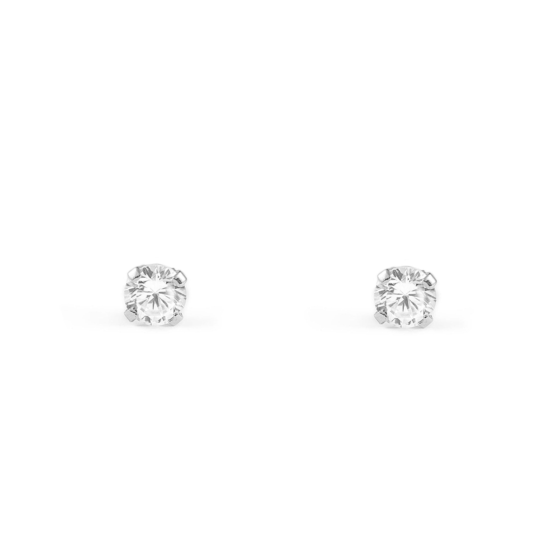 Pendientes Bebe-Niña Oro Blanco 18K Garra Circonita 4 mm Brillo