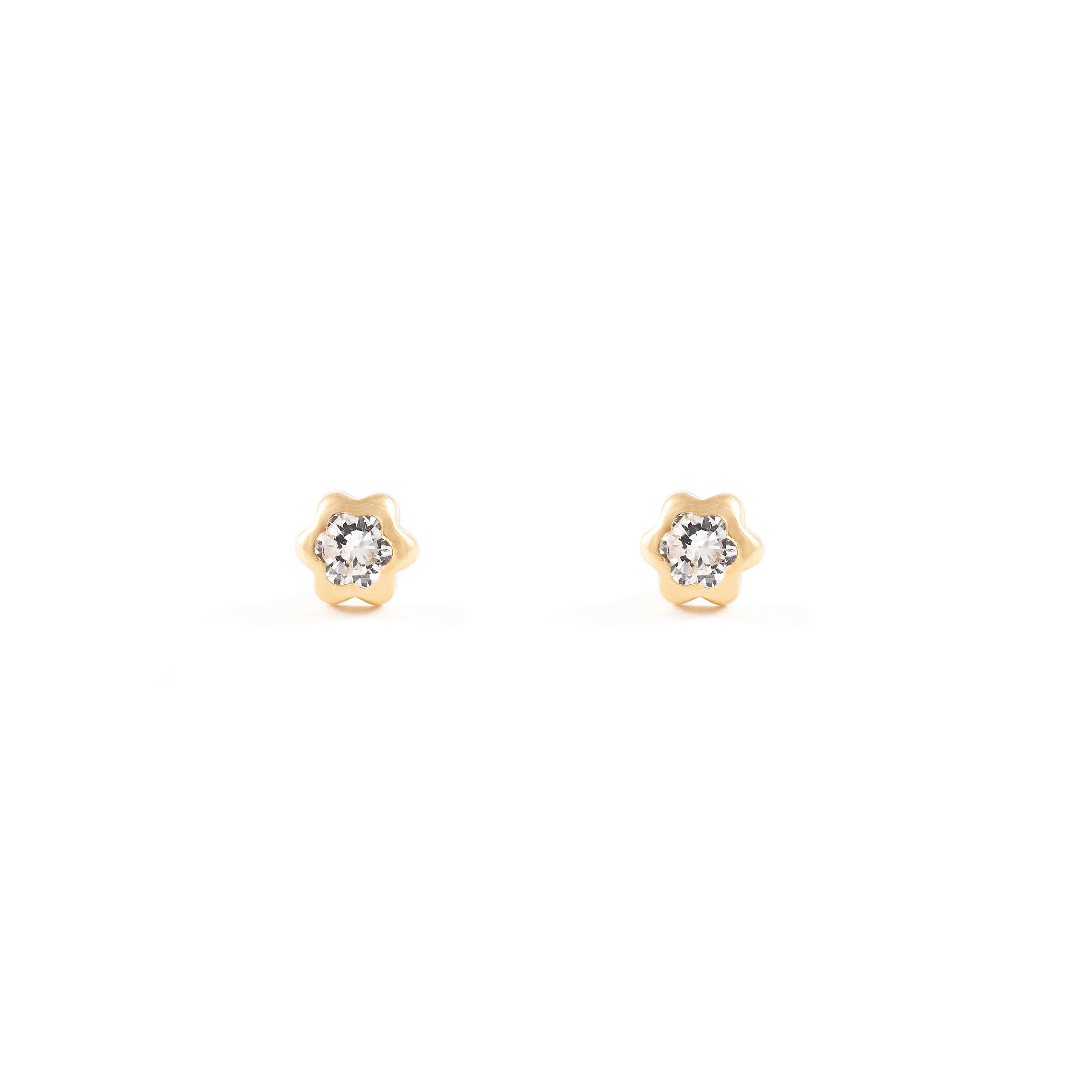 Pendientes Bebe Oro Amarillo 9K Chatón Flor Circonita 3 mm Brillo