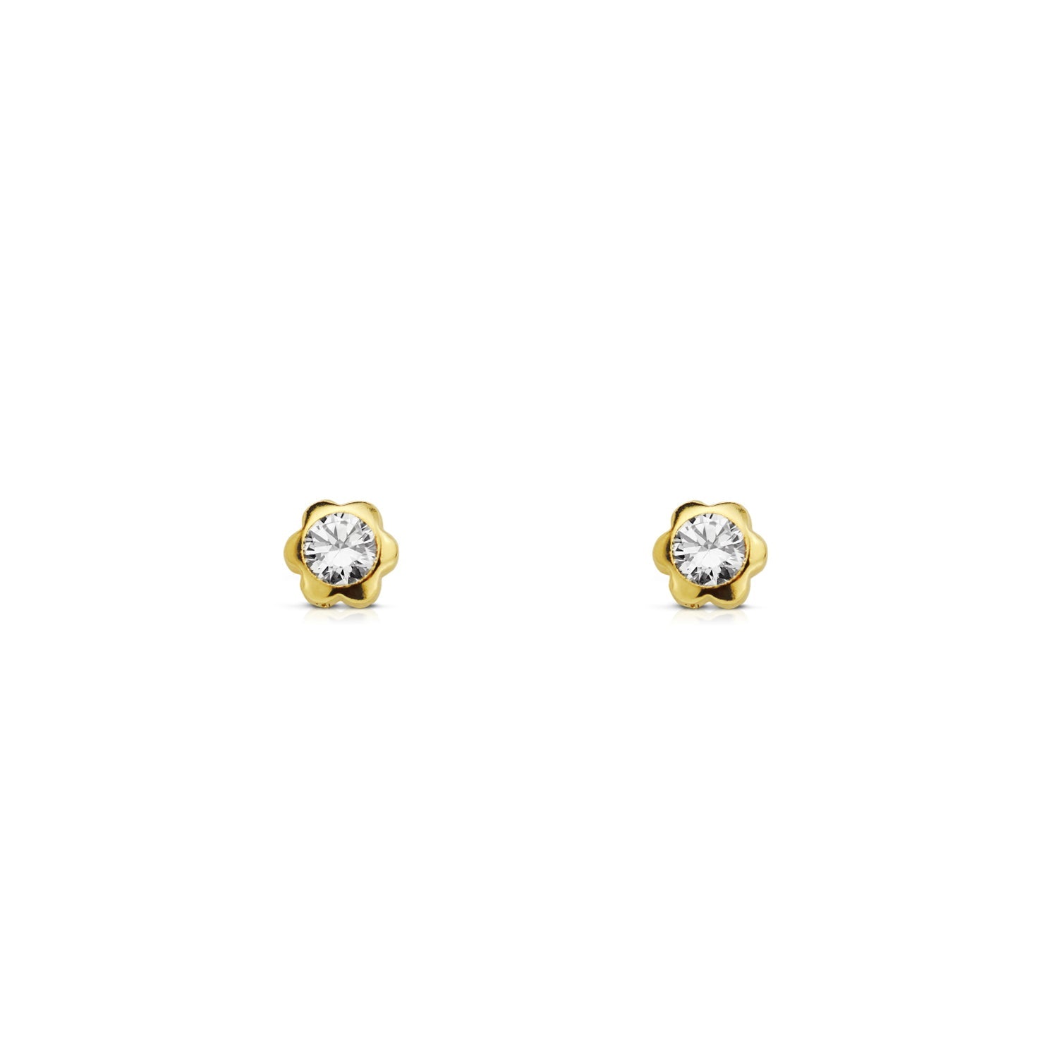 Baby-Girl Earrings 9K Yellow Gold Chatón Flower Shiny Zirconia