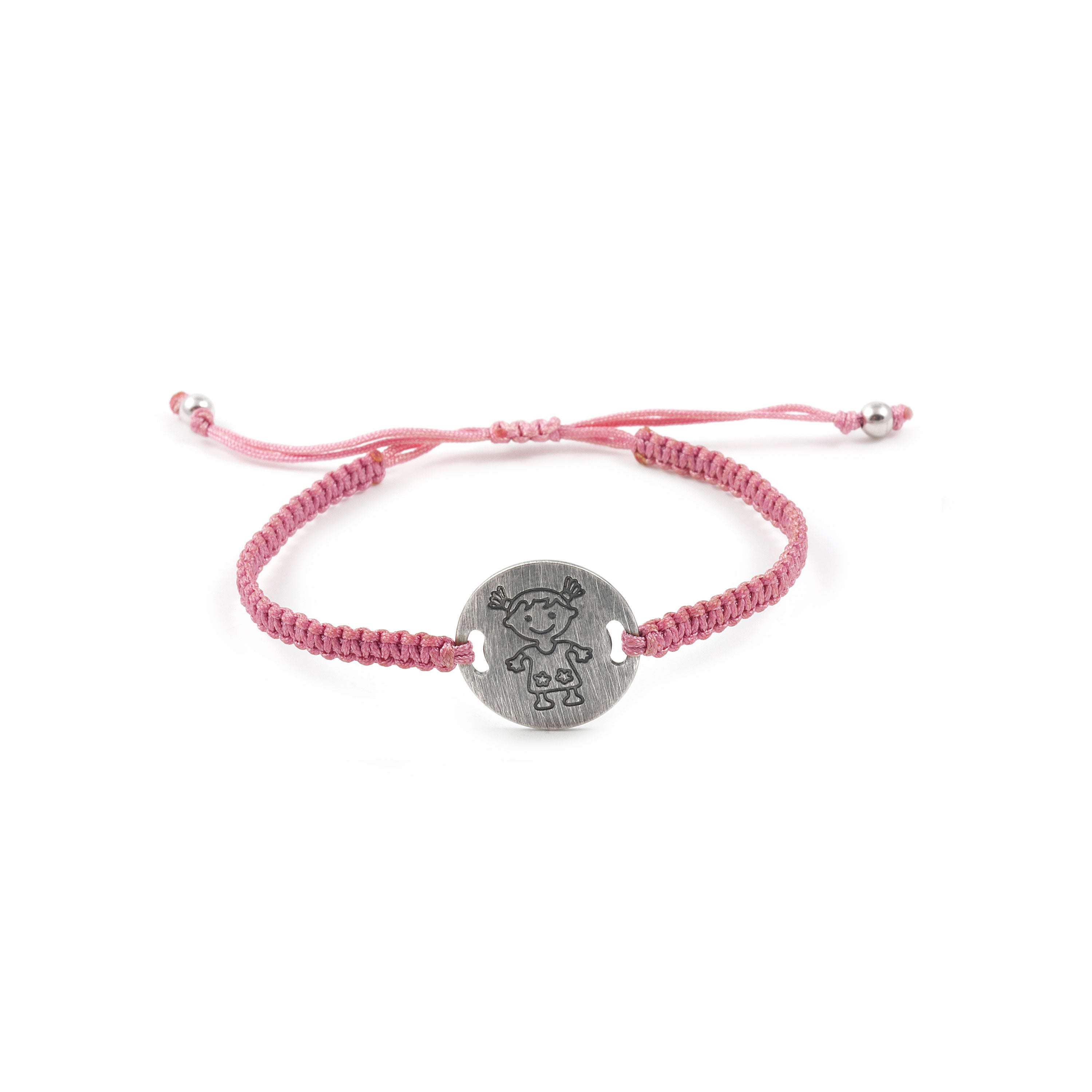Pulsera Plata Macramé Rosa chapa niña