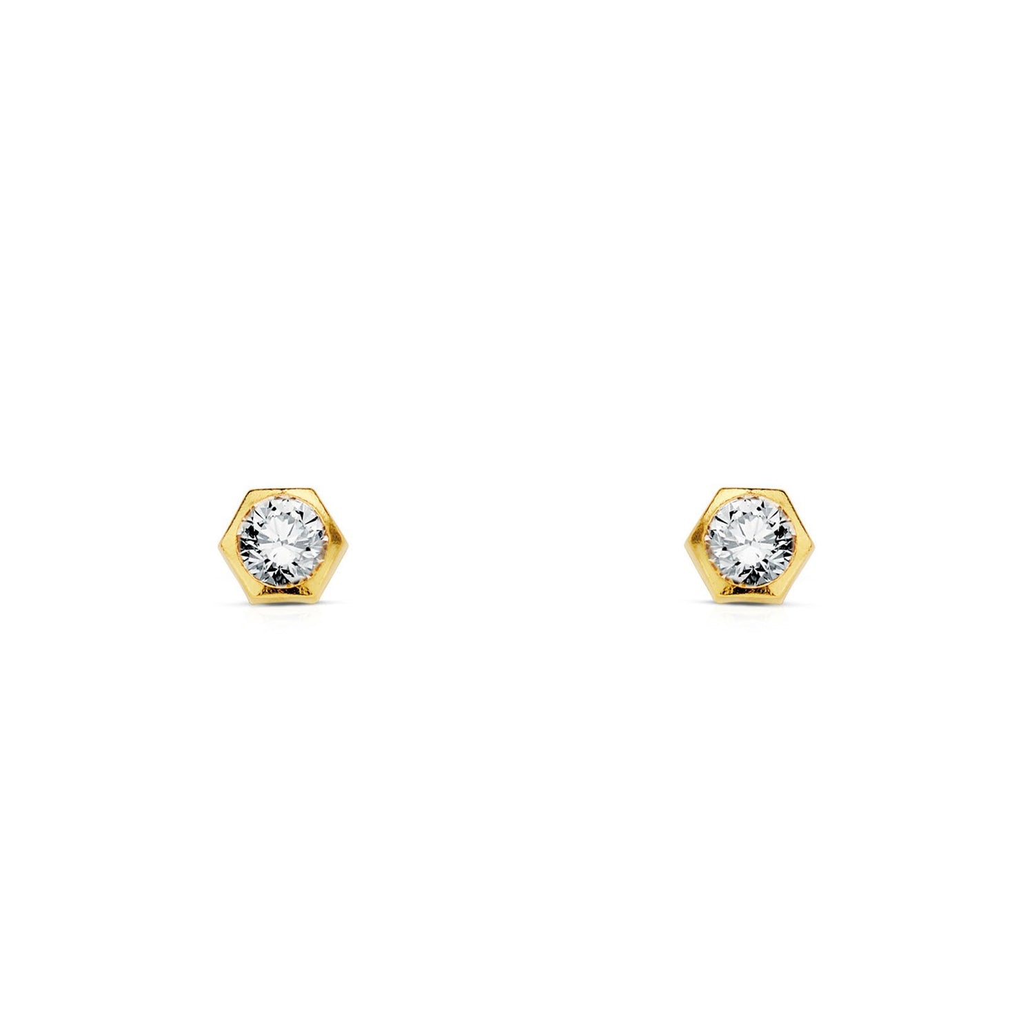 Pendientes Bebe-Niña Oro Amarillo 18K Chatón Hexagono Circonita Brillo