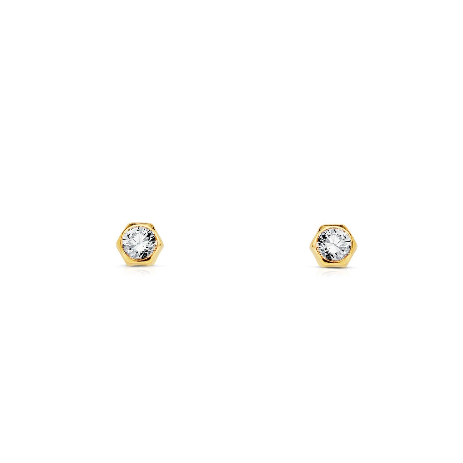 Pendientes Bebe Oro Amarillo 18K Chatón Hexagono Circonita 3 mm Brillo