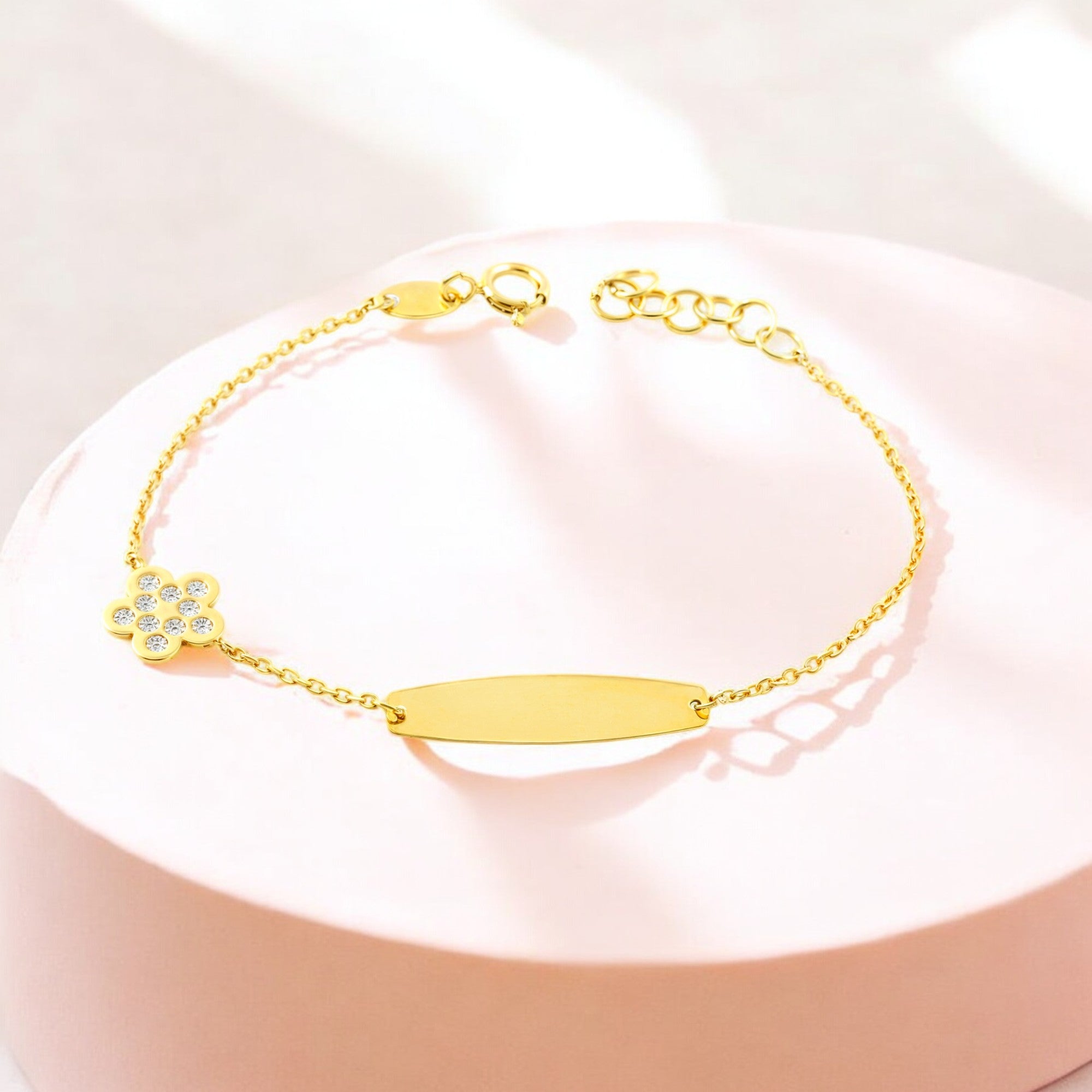 Pulsera Niña Oro Amarillo 9K Personalizada Esclava Flor Margarita Circonita Brillo 14 cm