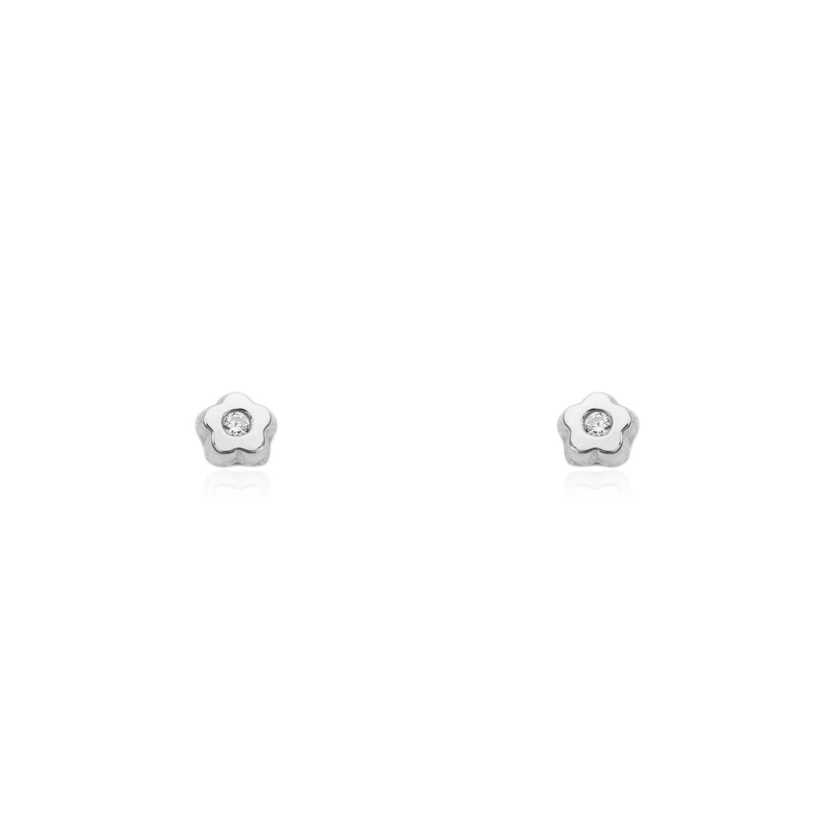 Pendientes Bebe Oro Blanco 18K Flor Margarita Circonita Brillo