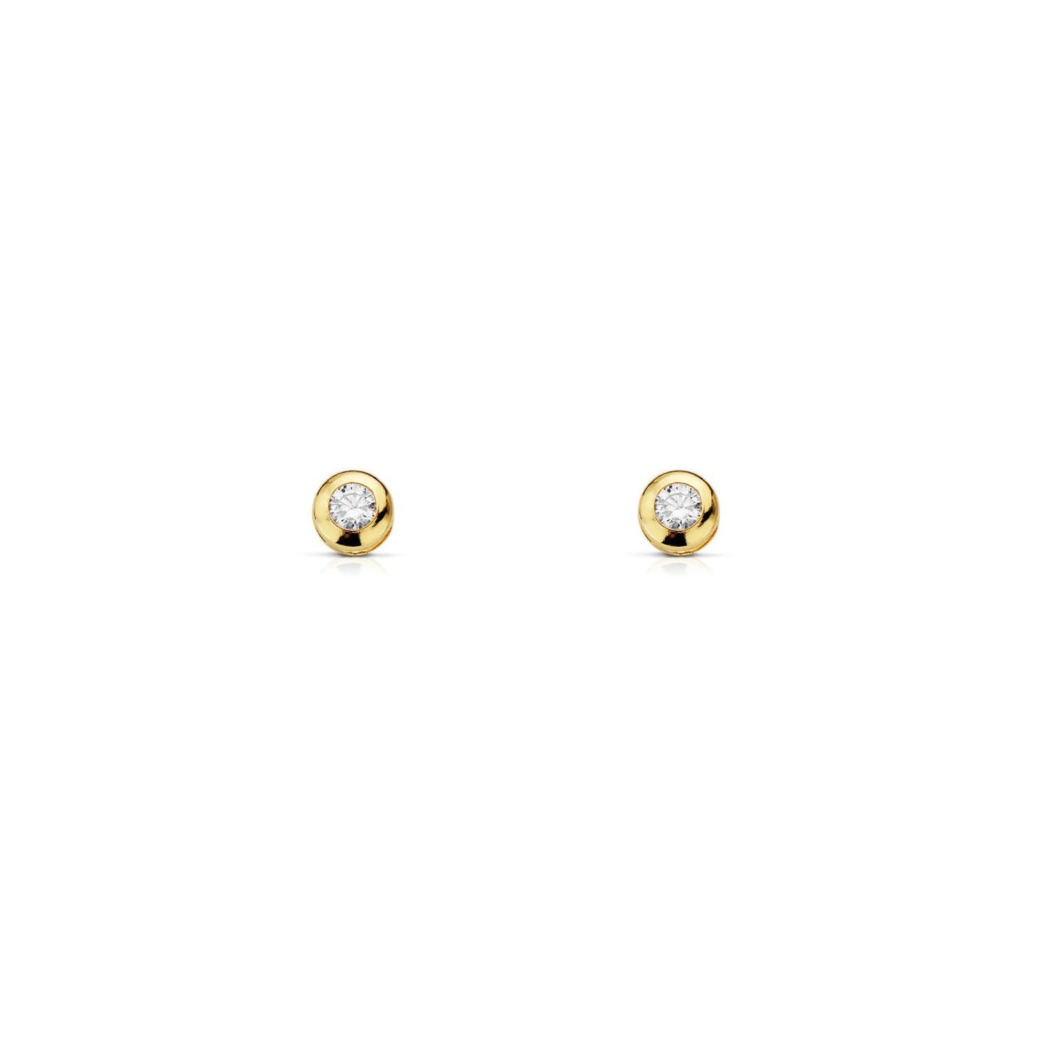 Pendientes Niña Oro Amarillo 18K Chatón Galería Redondo Circonita 3 mm Brillo