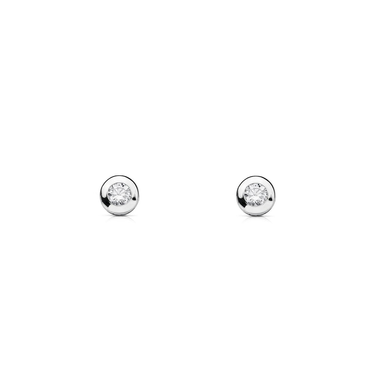 Pendientes Mujer-Niña Oro Blanco 18K Chatón Galería Redondo Circonita 4 mm Brillo