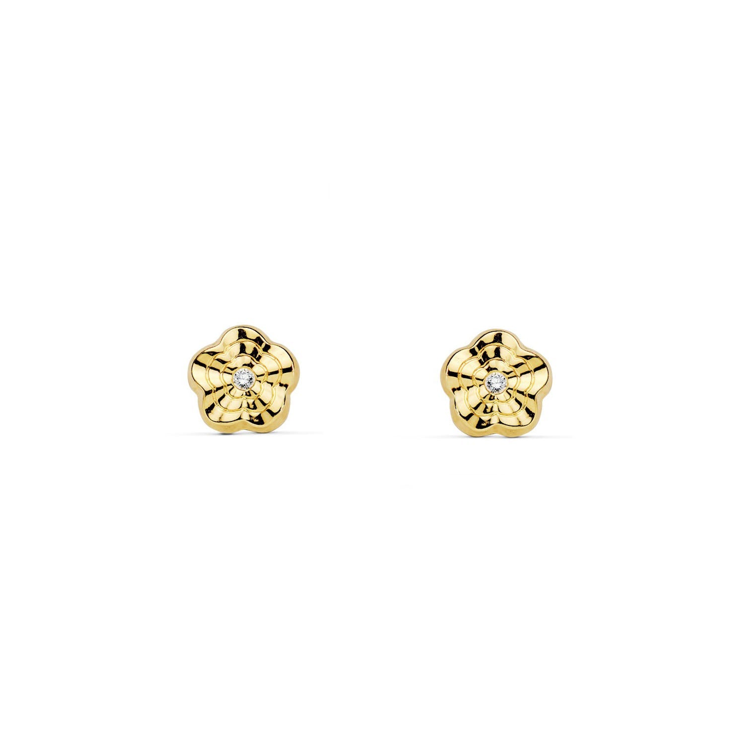 Pendientes Bebe-Niña Oro Amarillo 18K Flor Circonita Texturado