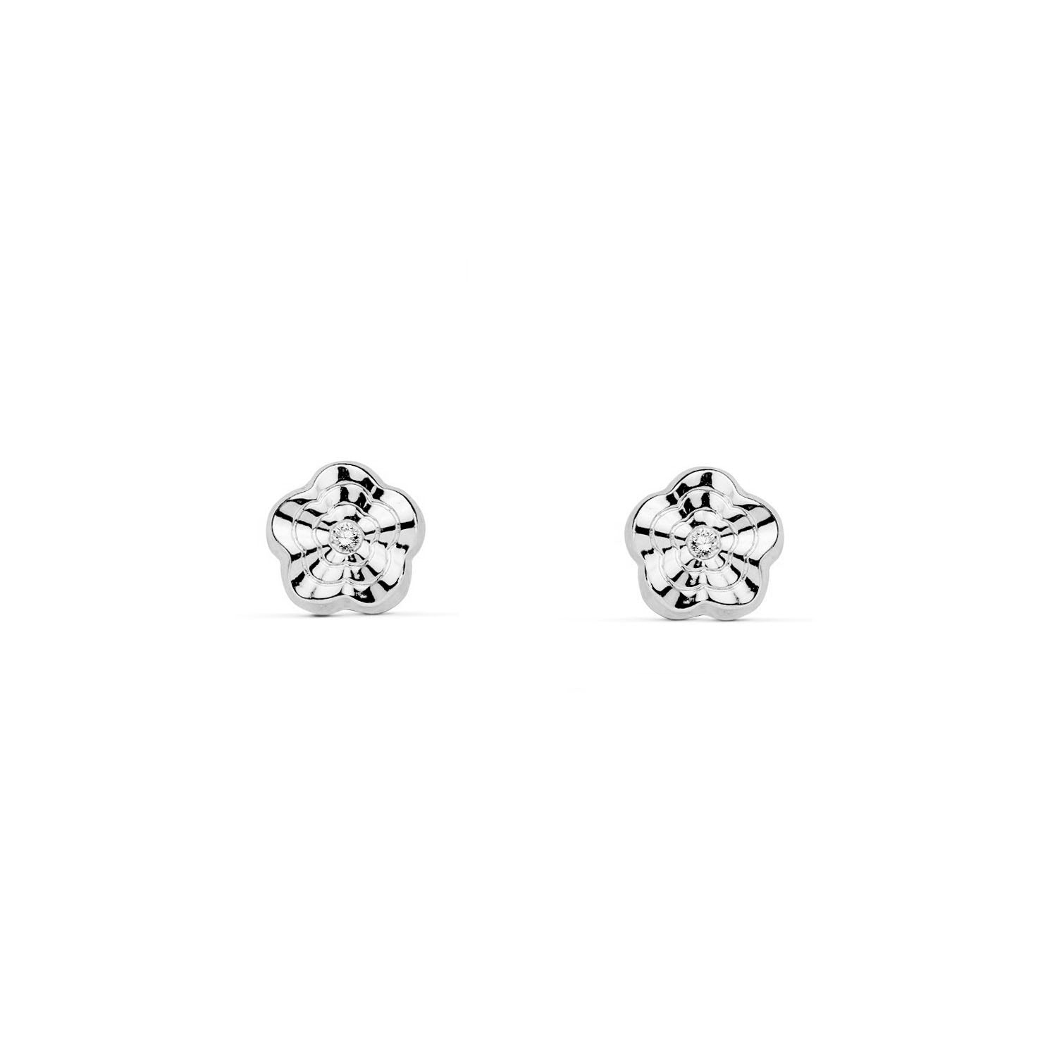 Pendientes Bebe-Niña Oro Blanco 18K Flor Circonita Texturado