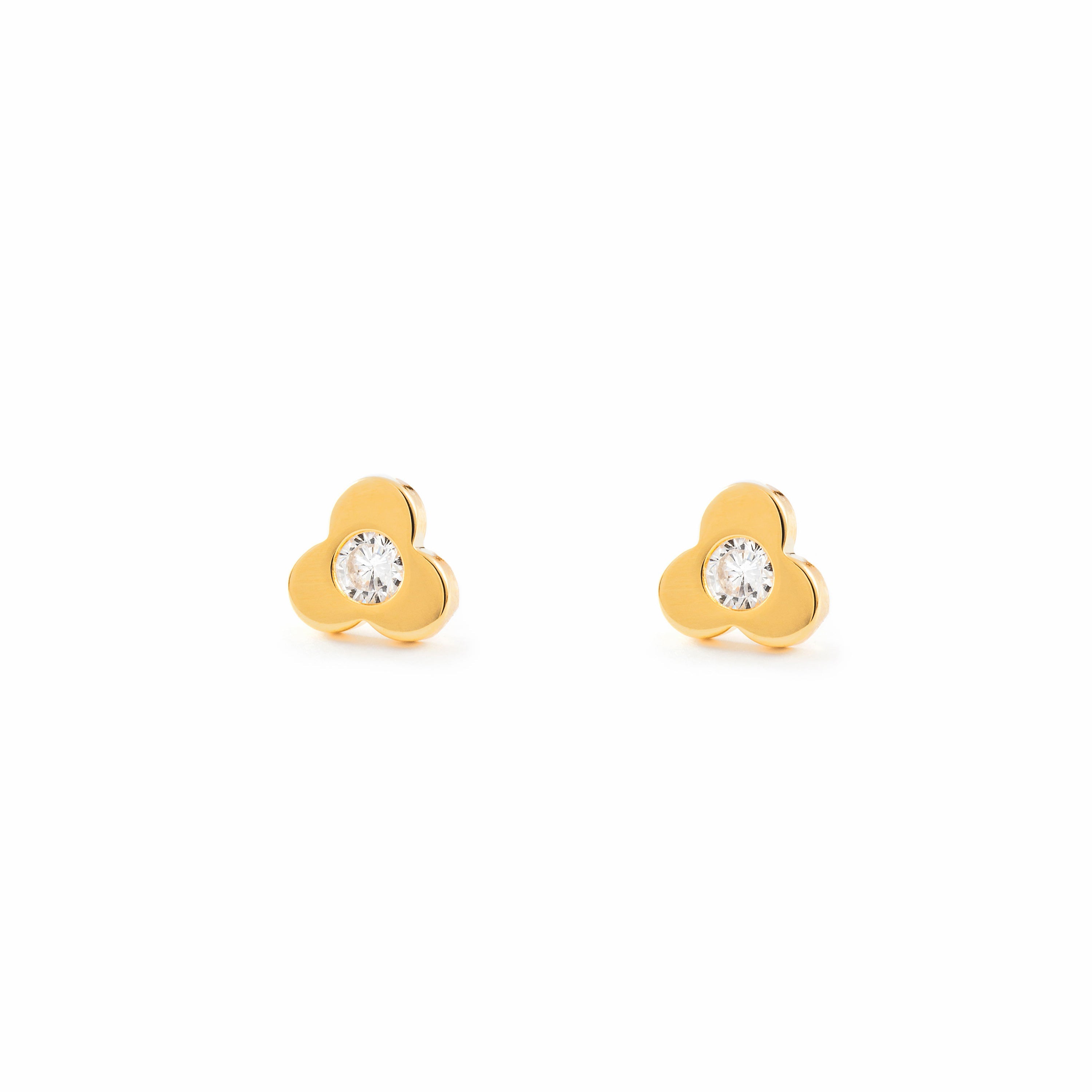 Pendientes Niña Oro Amarillo 18K Trebol Circonita Brillo