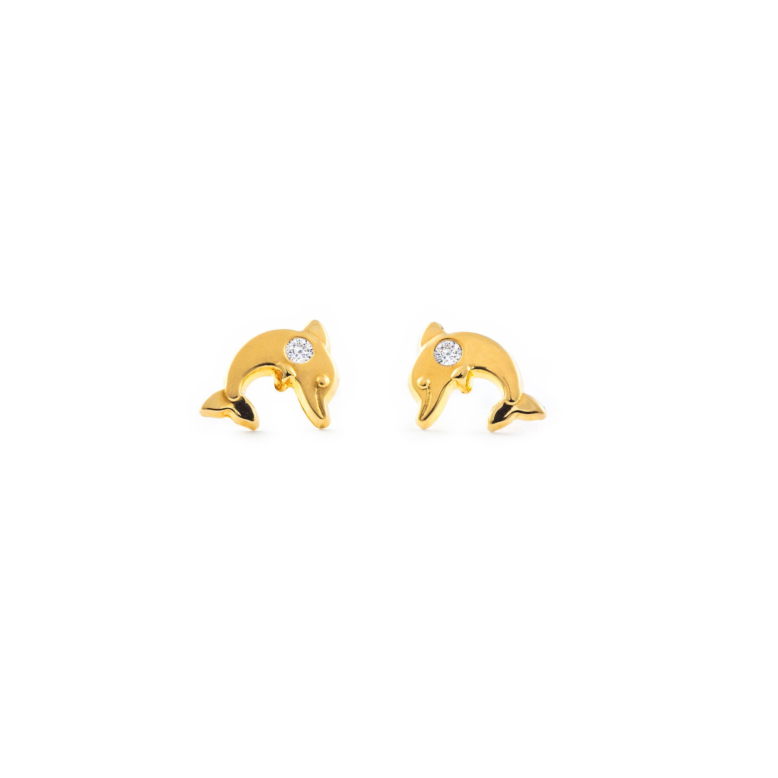 Pendientes Niña Oro Amarillo 18K Delfín Circonita Brillo