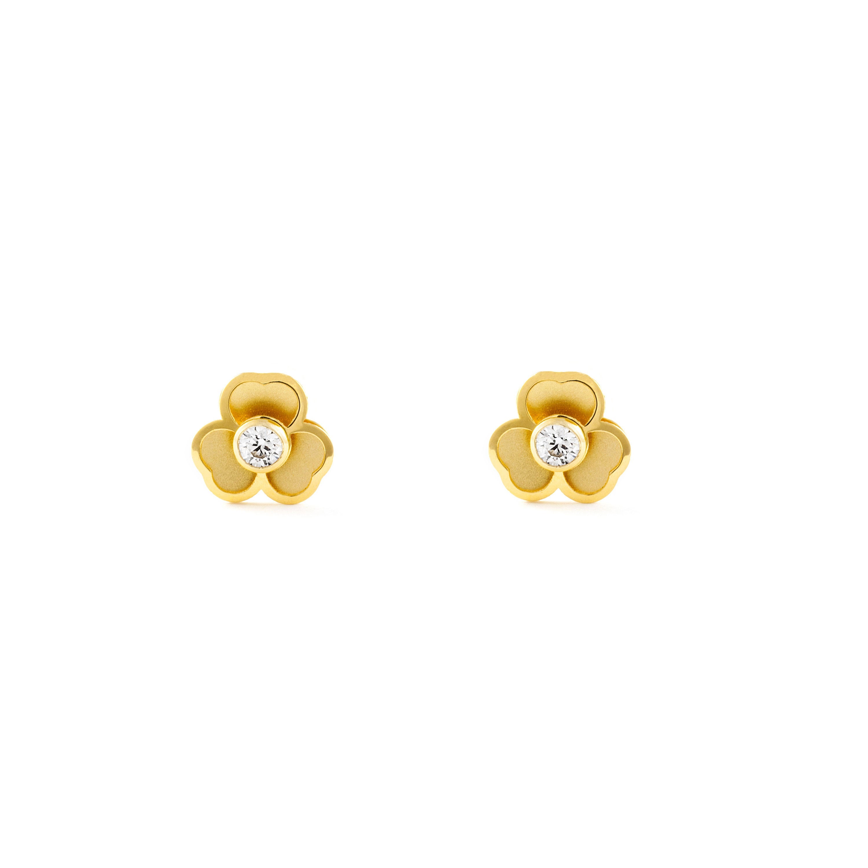 Pendientes Niña Oro Amarillo 18K Trebol Circonita Mate y Brillo