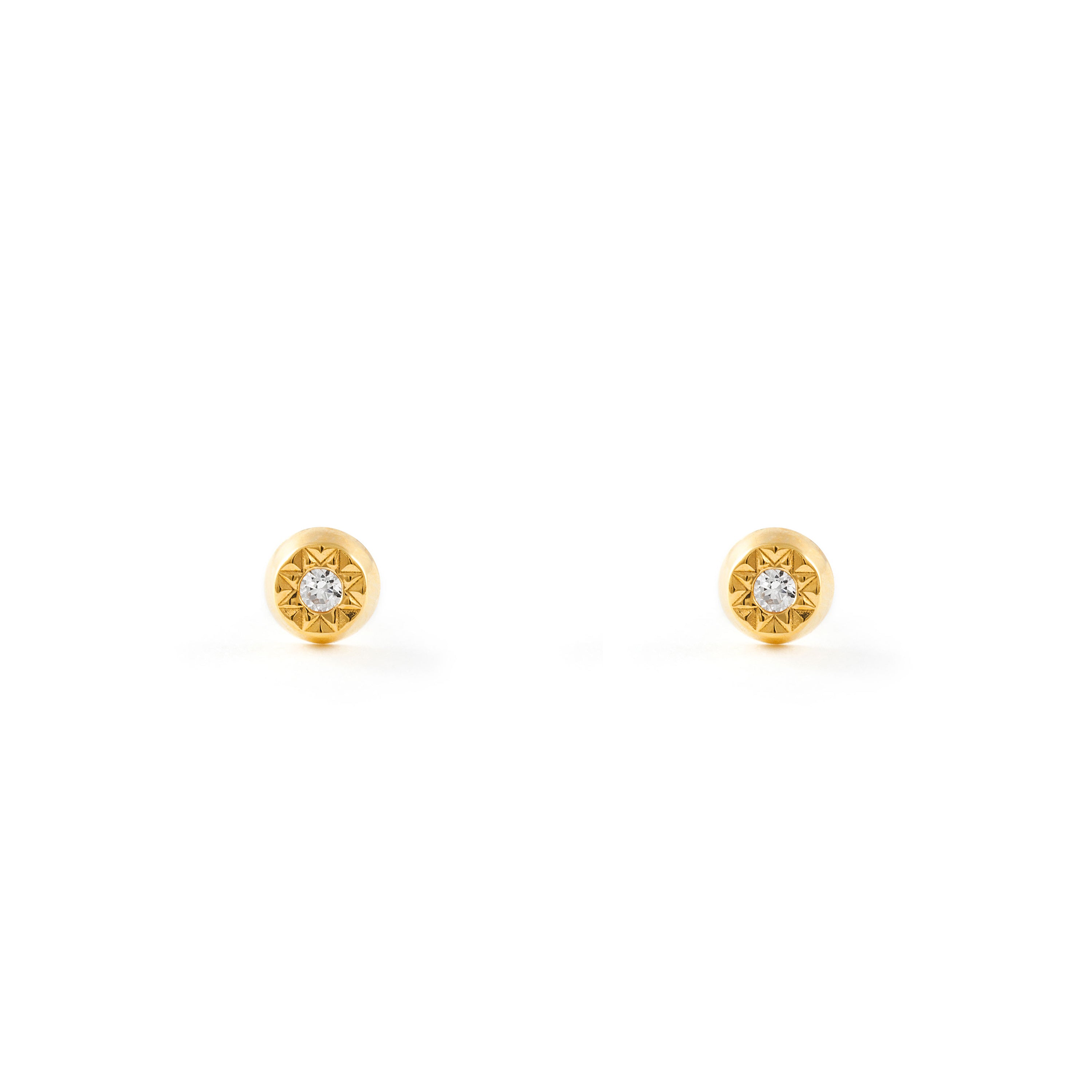 Pendientes Bebe Oro Amarillo 18K Redondo Circonita Tallados
