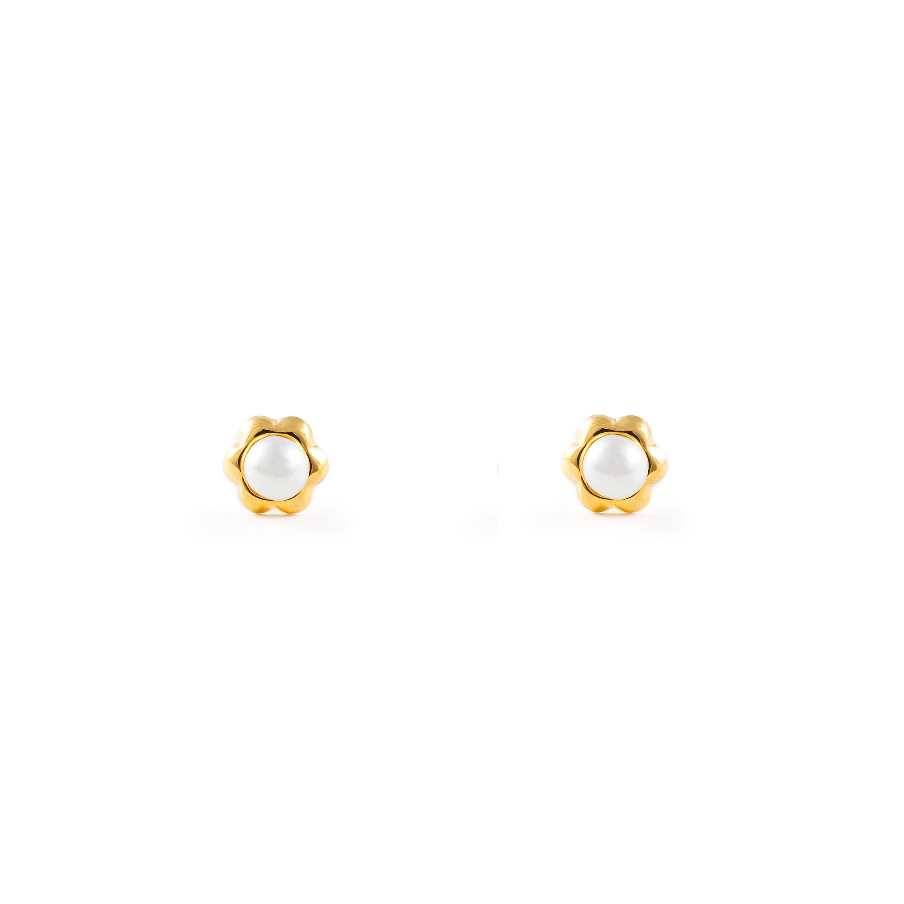 Pendientes Bebe Oro Amarillo 18K Perla Redonda 2,5 mm Flor Margarita Brillo