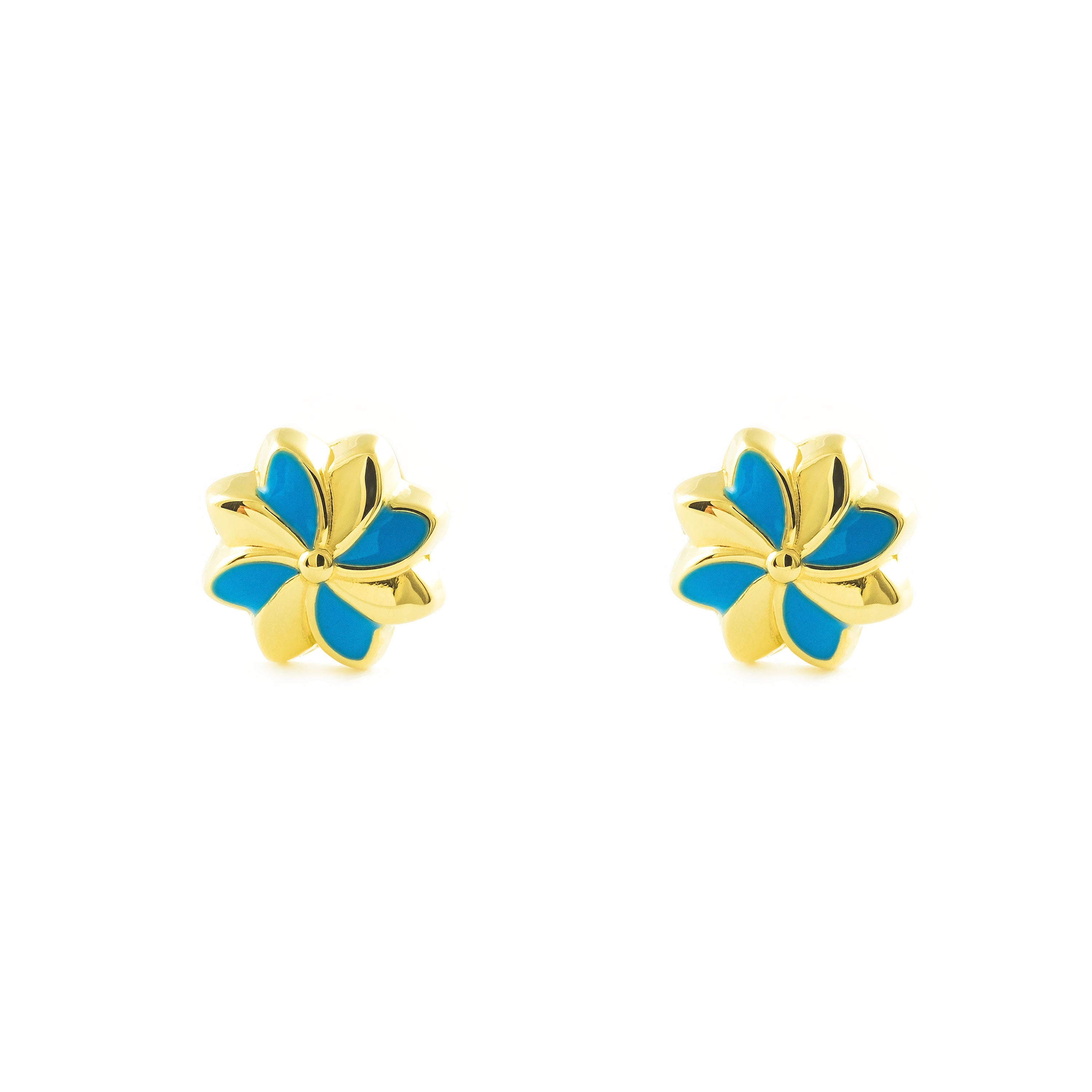 Pendientes Niña Oro Amarillo 18K Flor Esmalte Azul Brillo