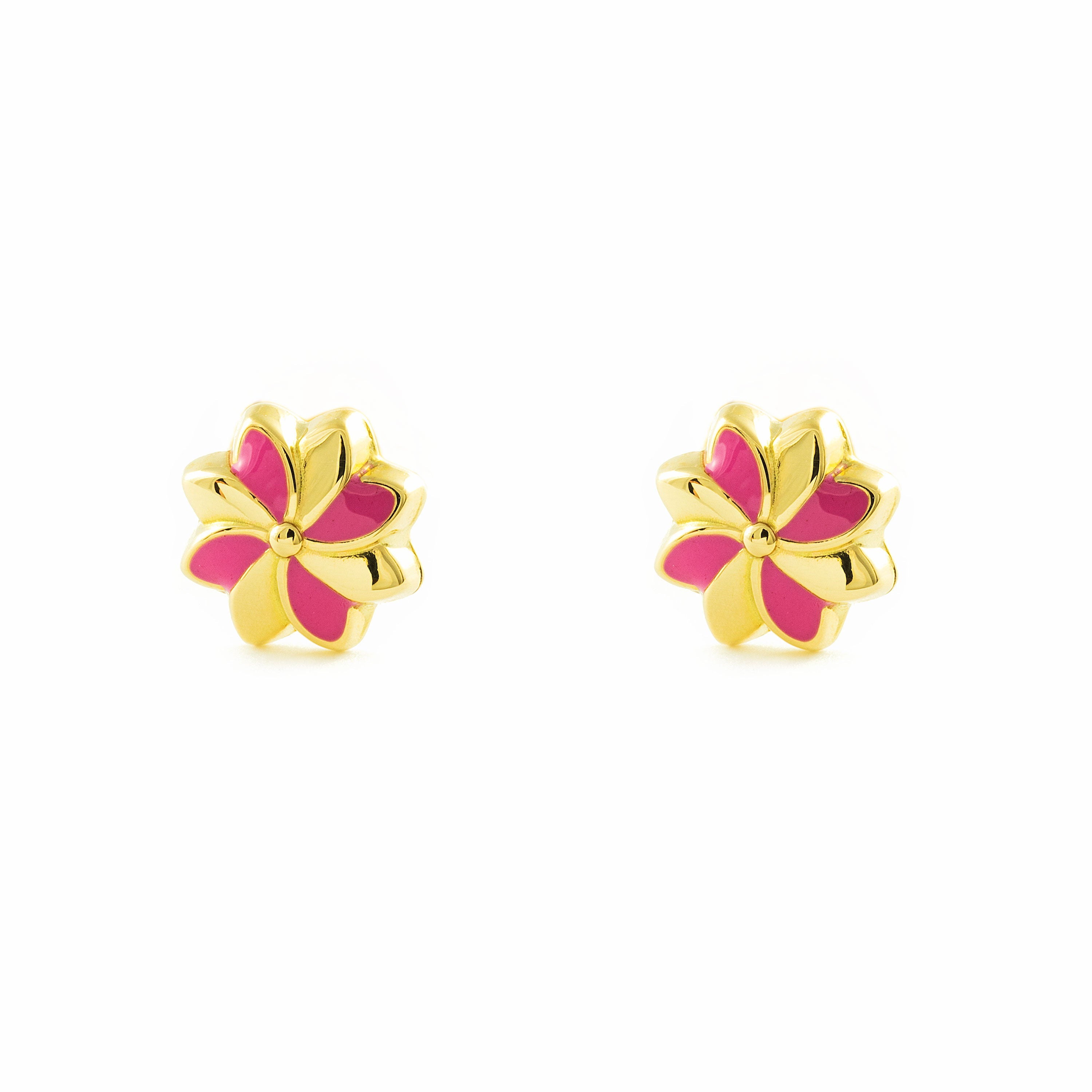 Pendientes Niña Oro Amarillo 18K Flor Esmalte Rosa Brillo