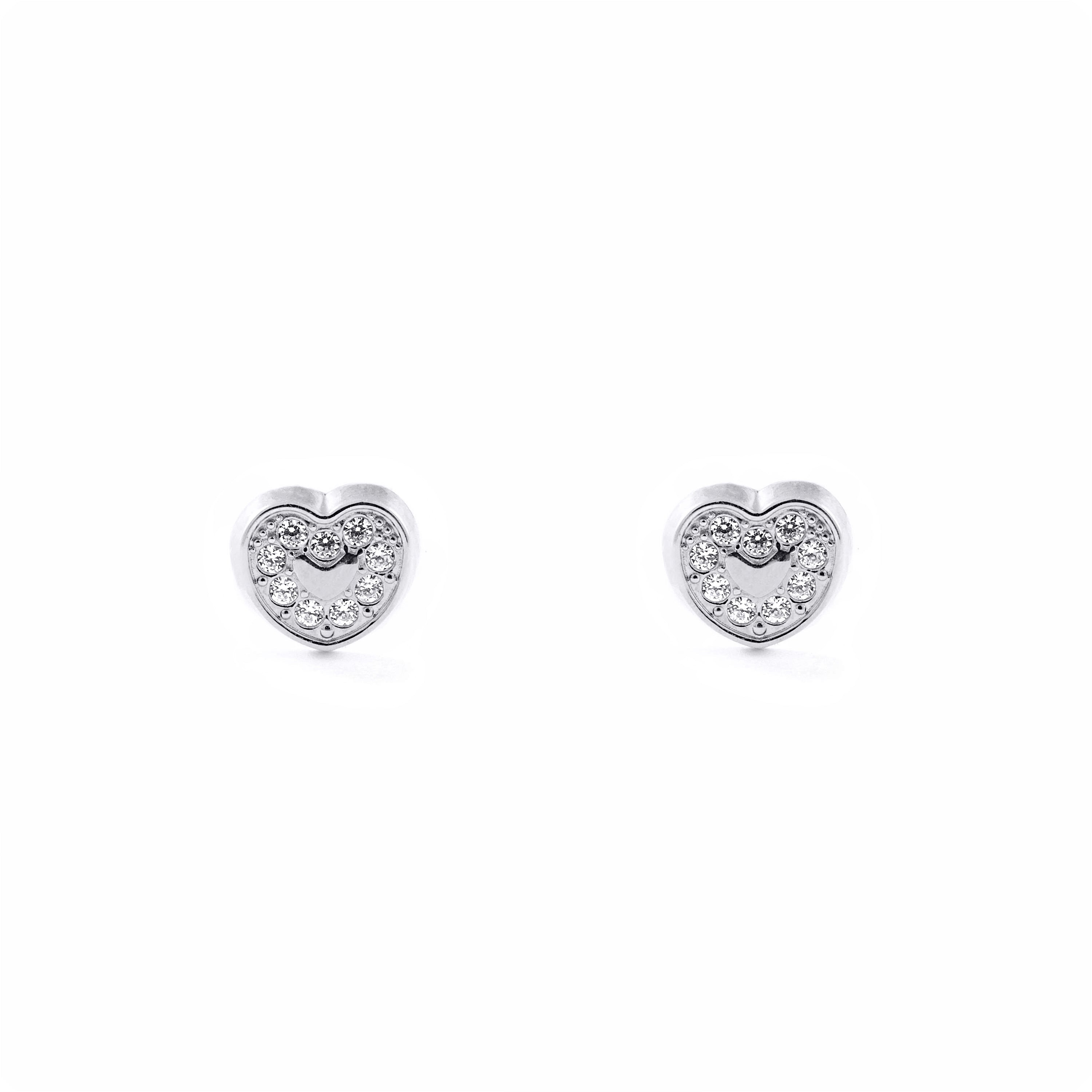 Pendientes Niña Oro Blanco 18K Corazón Circonitas Brillo