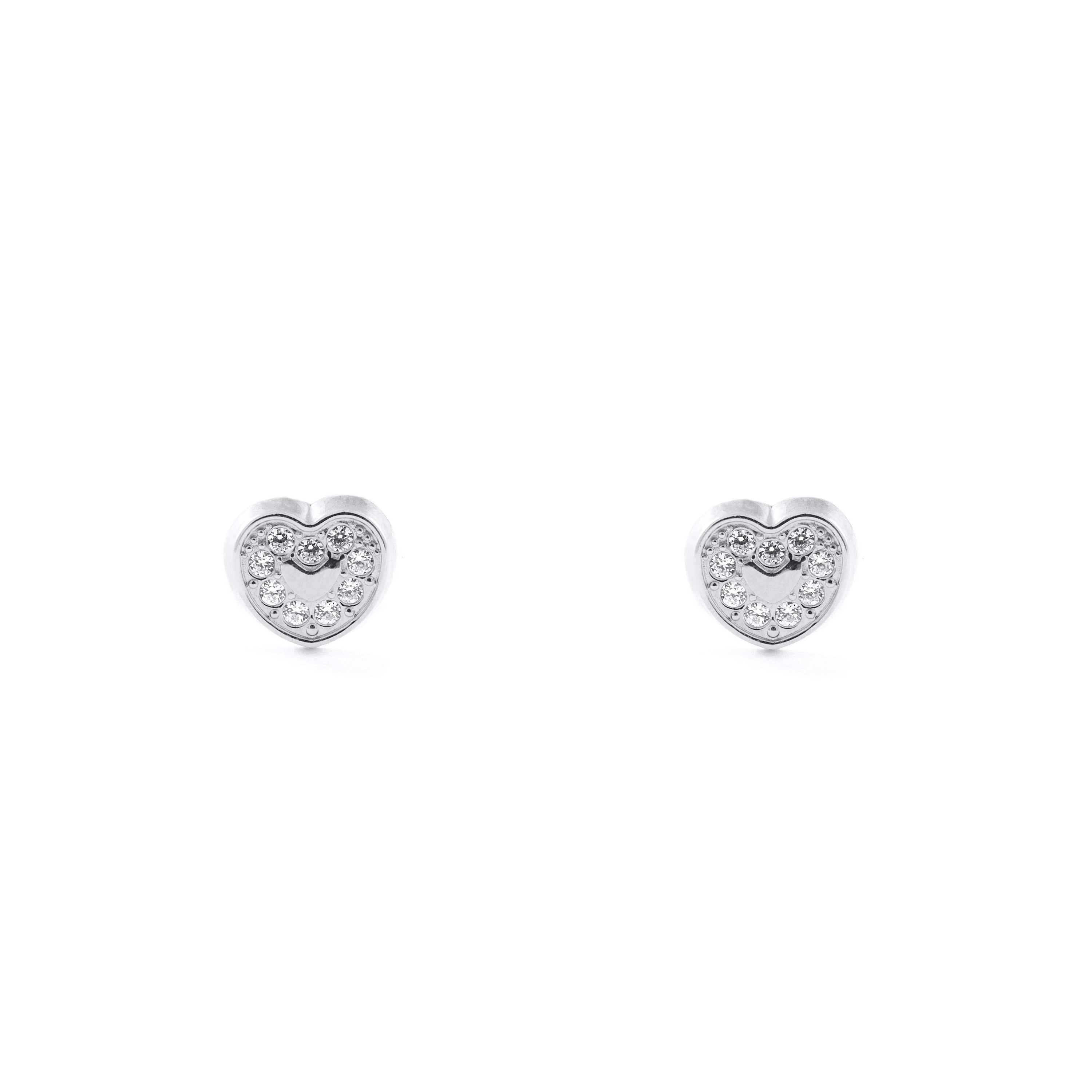 Pendientes Bebe Oro Blanco 18K Corazón Circonitas Brillo