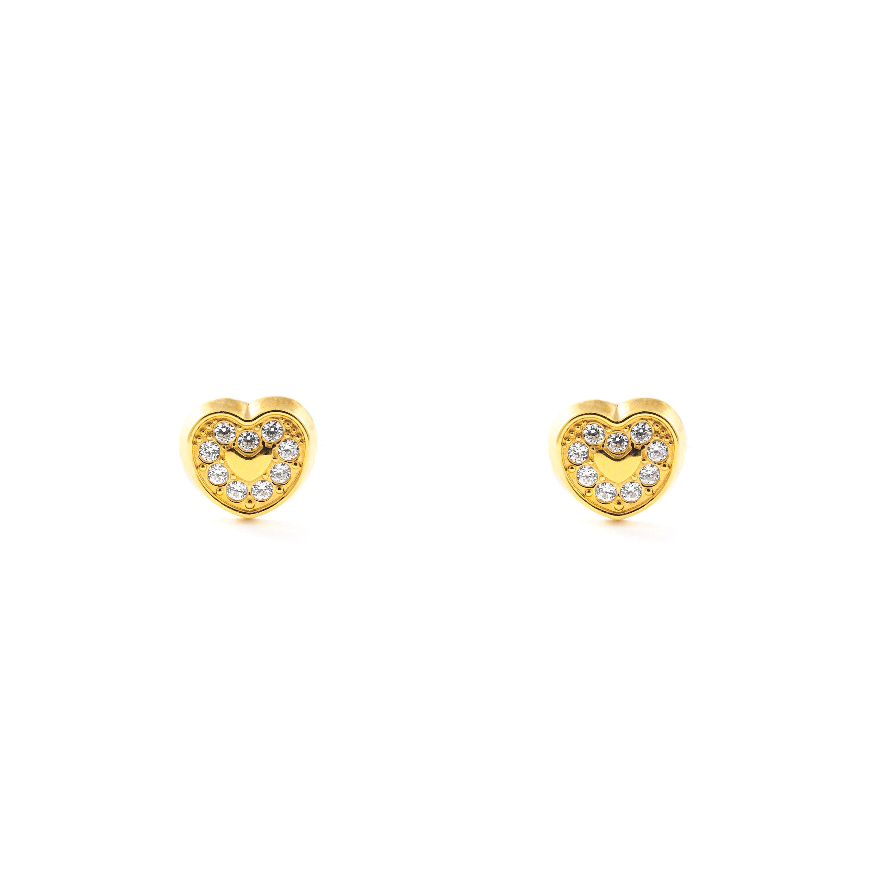 Pendientes Bebe Oro Amarillo 18K Corazón Circonitas Brillo