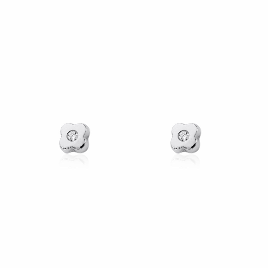 Pendientes Bebe Oro Blanco 9K Trebol Circonita Brillo