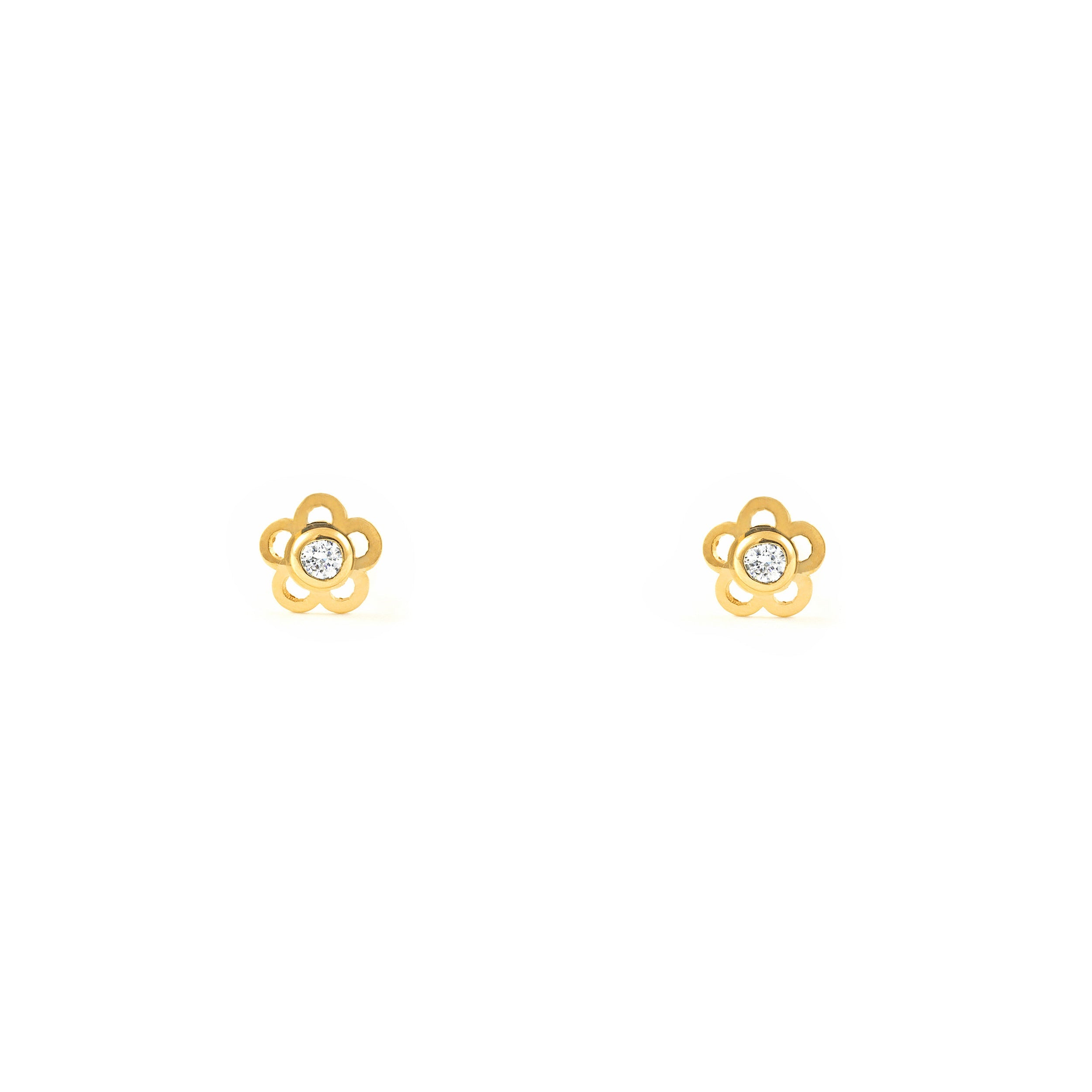 Pendientes Bebe Oro Amarillo 18K Flor Circonita Brillo
