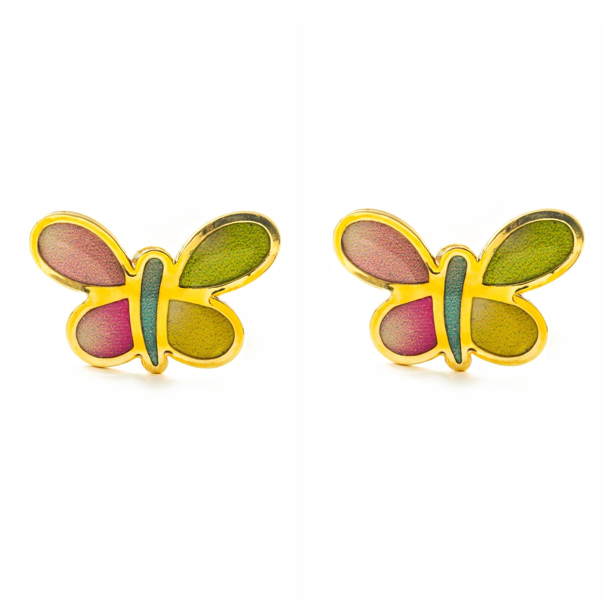 Girl's 9K Yellow Gold Earrings with Shiny Multicolor Enamel Butterfly