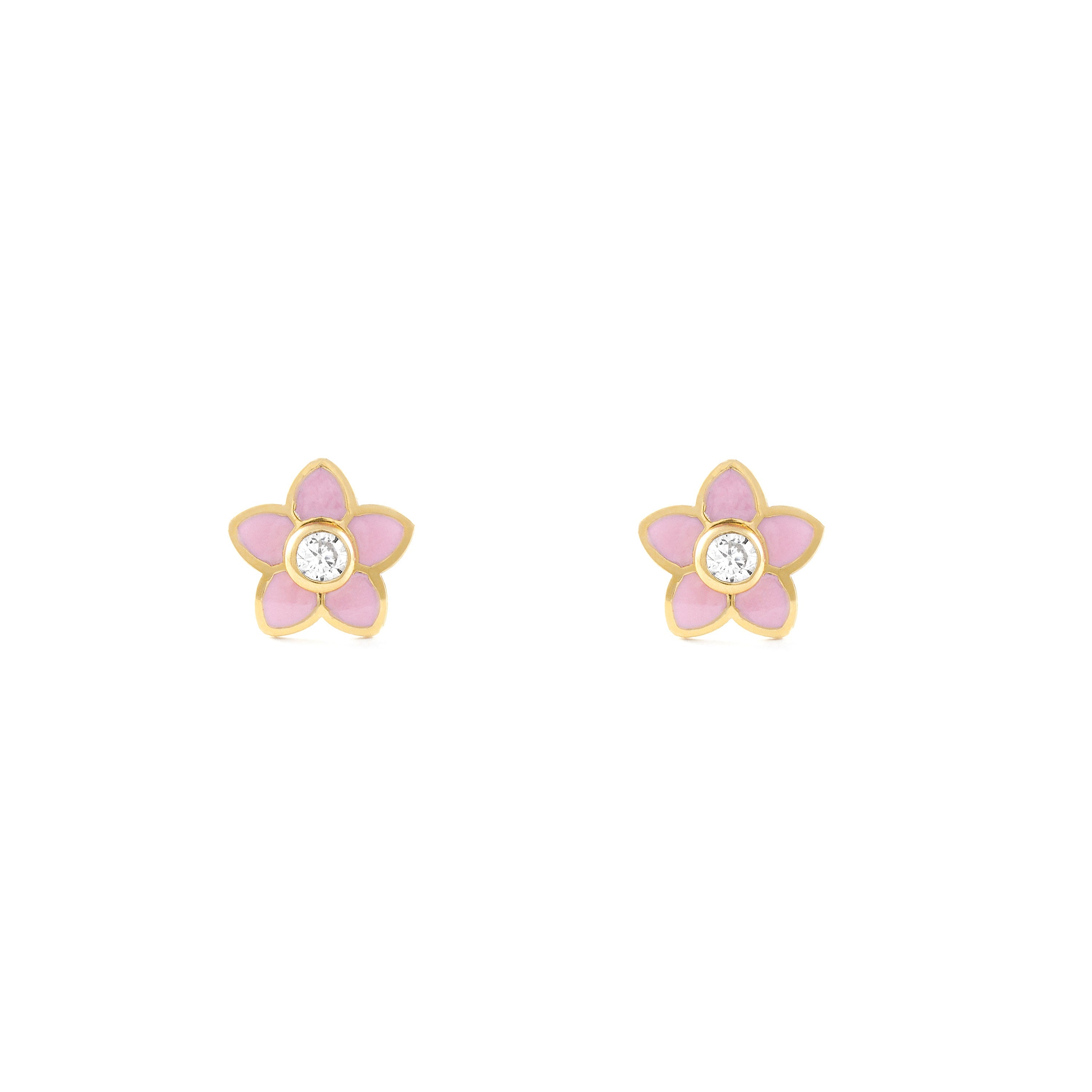Pendientes Niña Oro Amarillo 9K Flor Esmalte Rosa Circonita Brillo