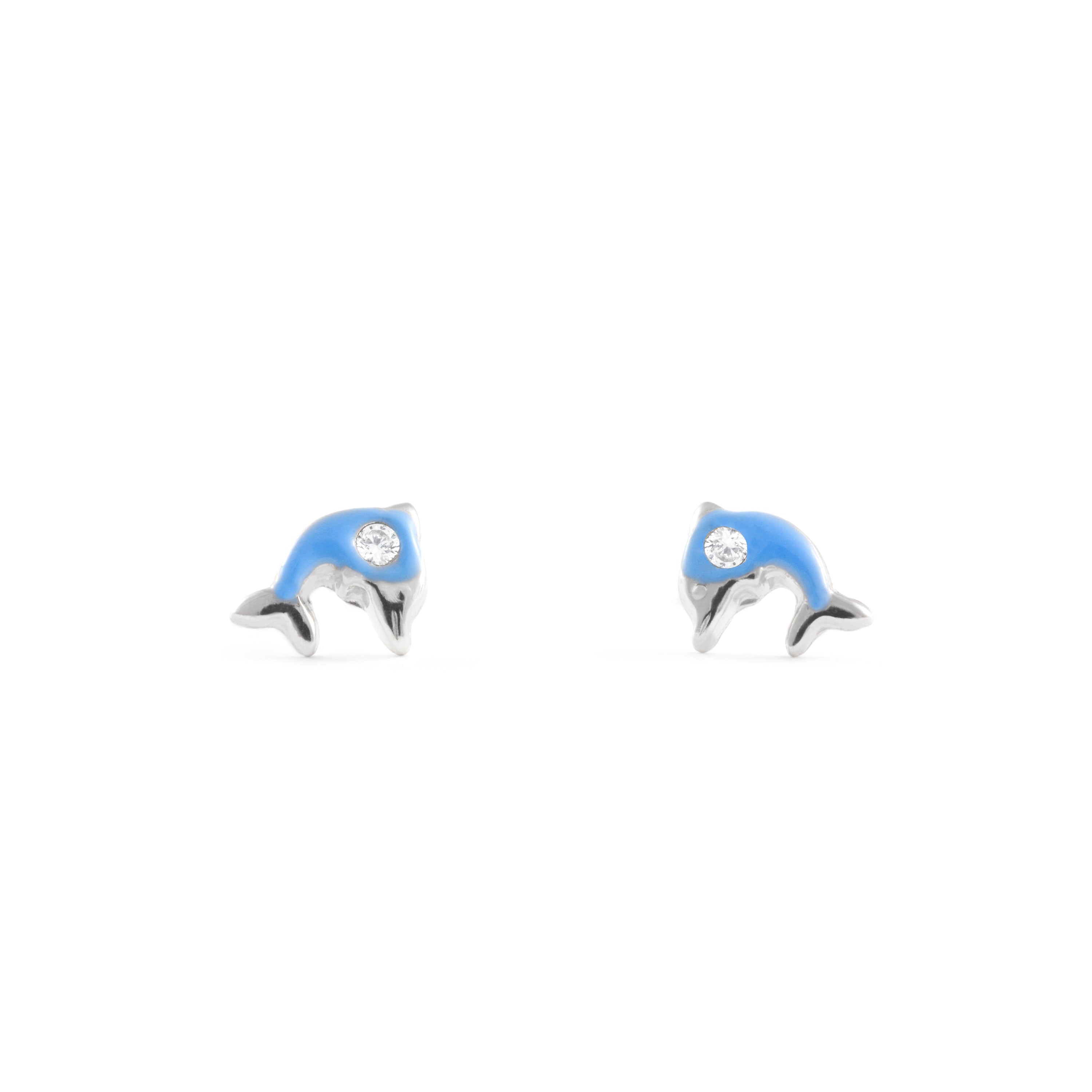 Dolphin Sterling Silver Earrings with Blue Enamel Shiny Zirconia