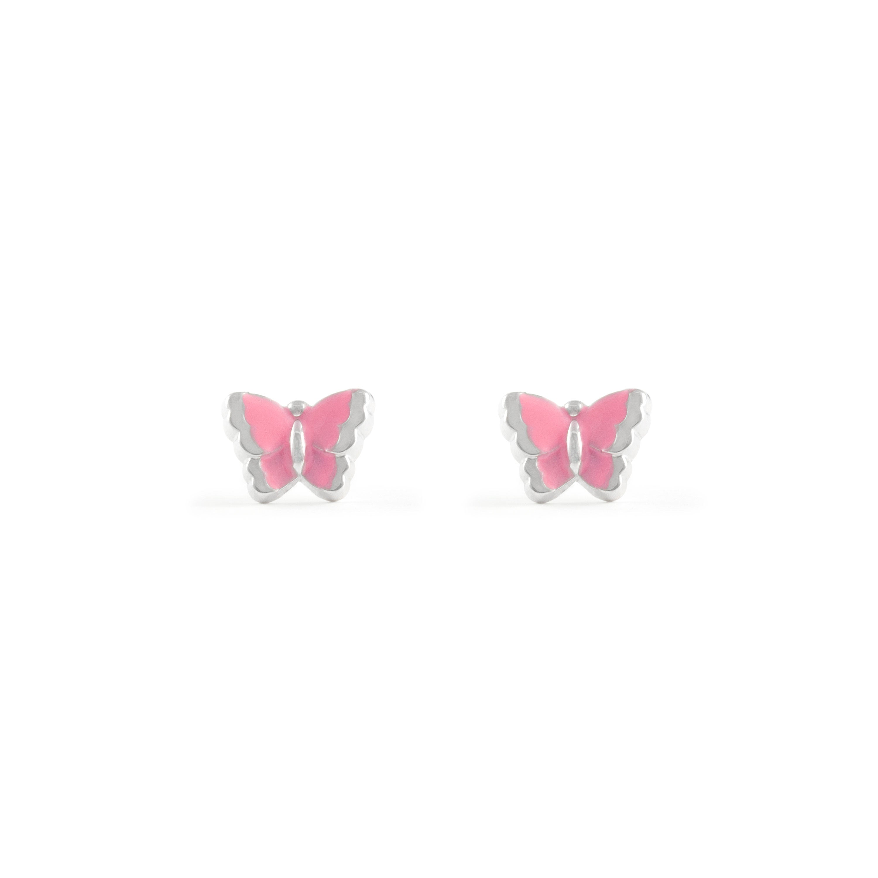 Shiny Pink Enamel Butterfly Sterling Silver Earrings
