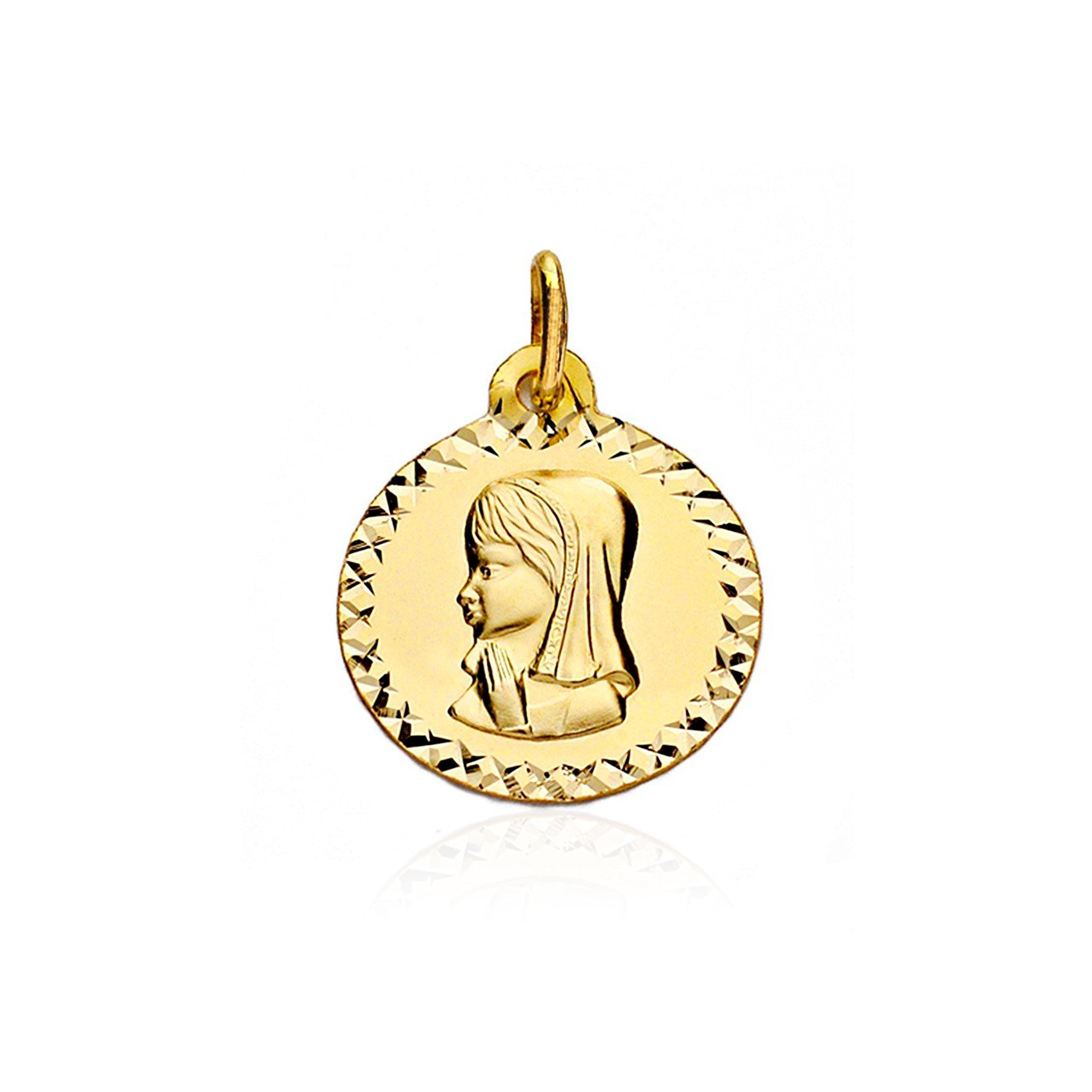Medalla Oro Amarillo 9K Personalizada Virgen Niña Redondo Mate y Brillo 16 x 16 mm