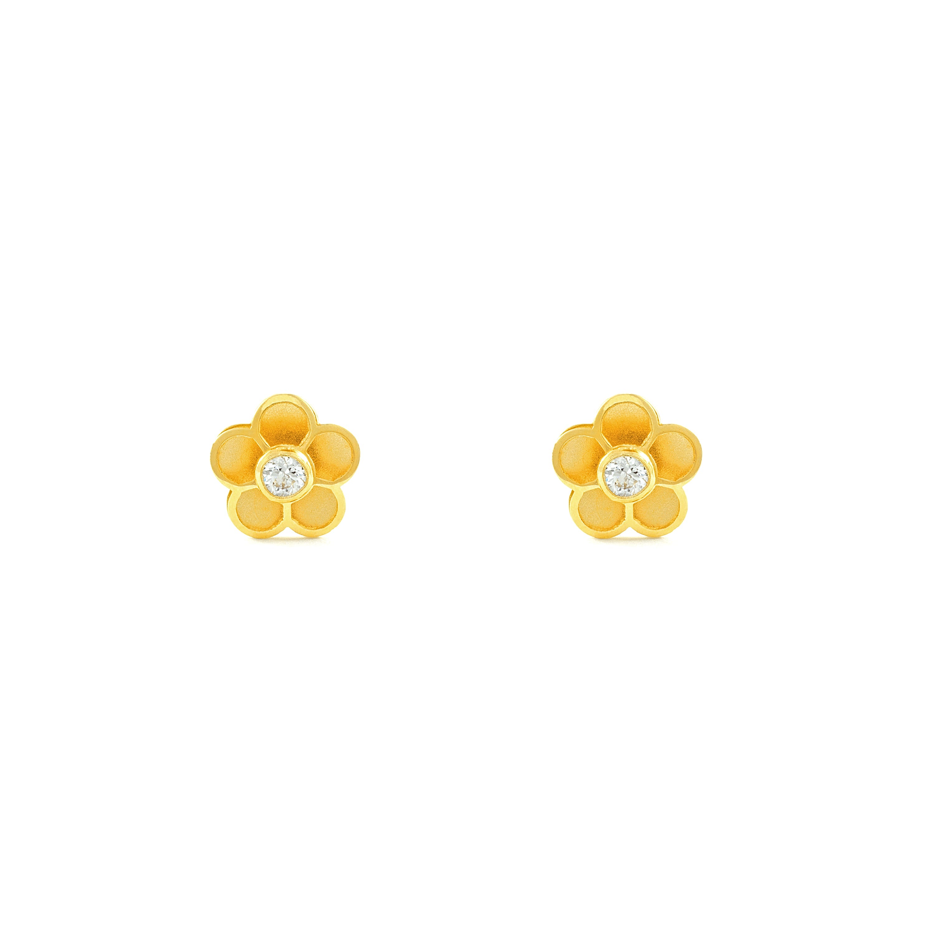 Pendientes Niña Oro Amarillo 18K Flor Circonita Mate y Brillo