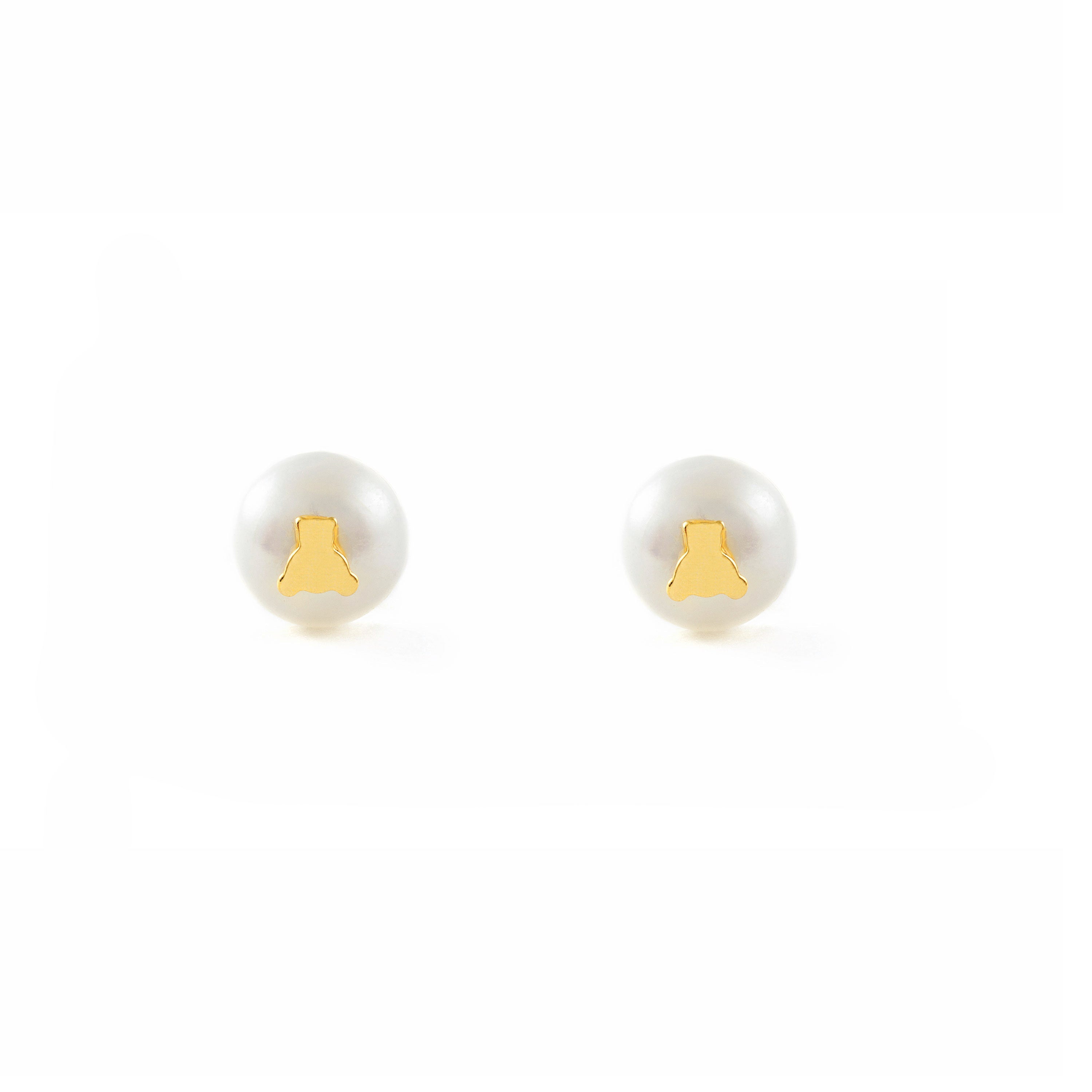 Pendientes Niña Oro Amarillo 18K Perla Botón 6 mm Oso Brillo
