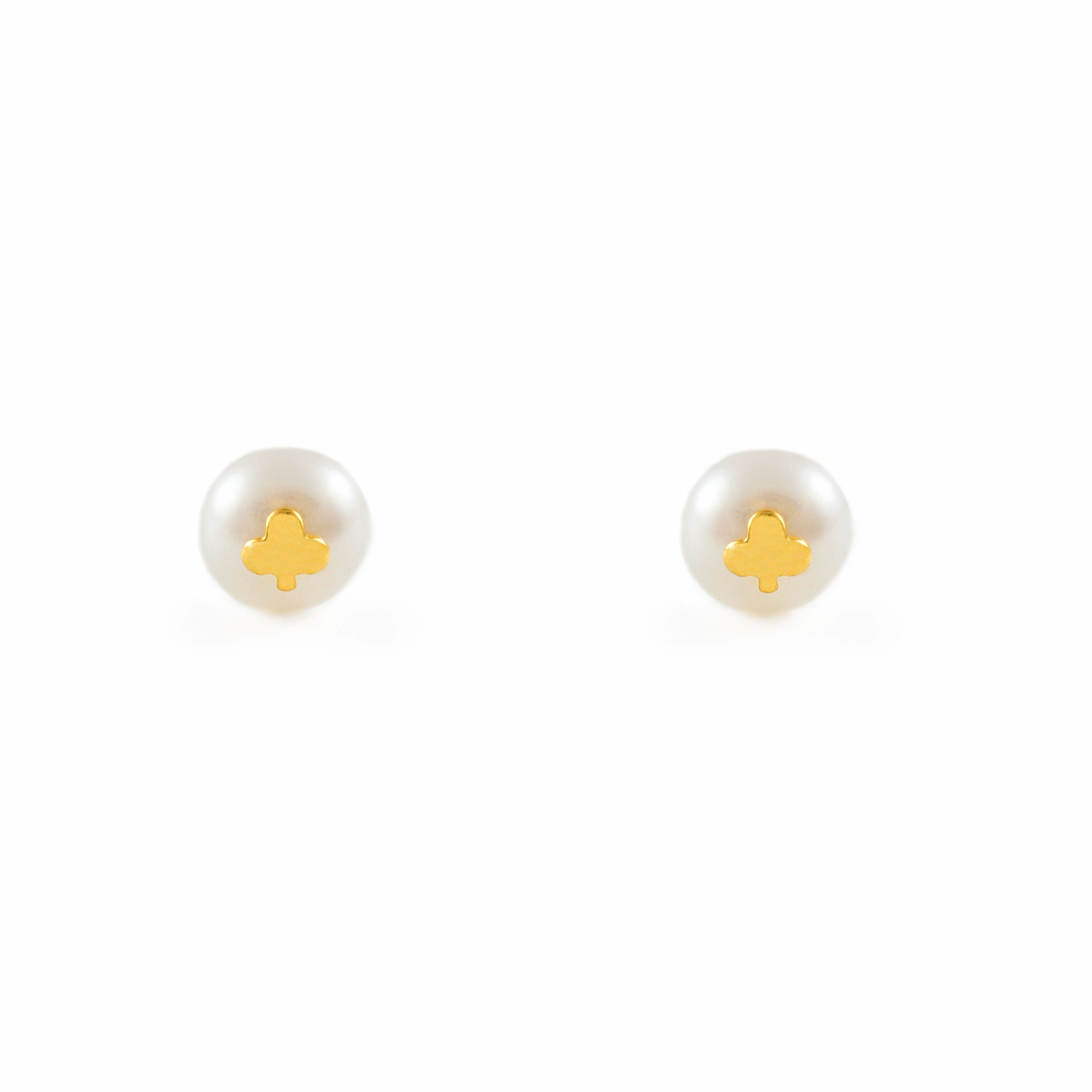 Pendientes Niña Oro Amarillo 18K Perla Botón 5,5 mm Trebol Brillo