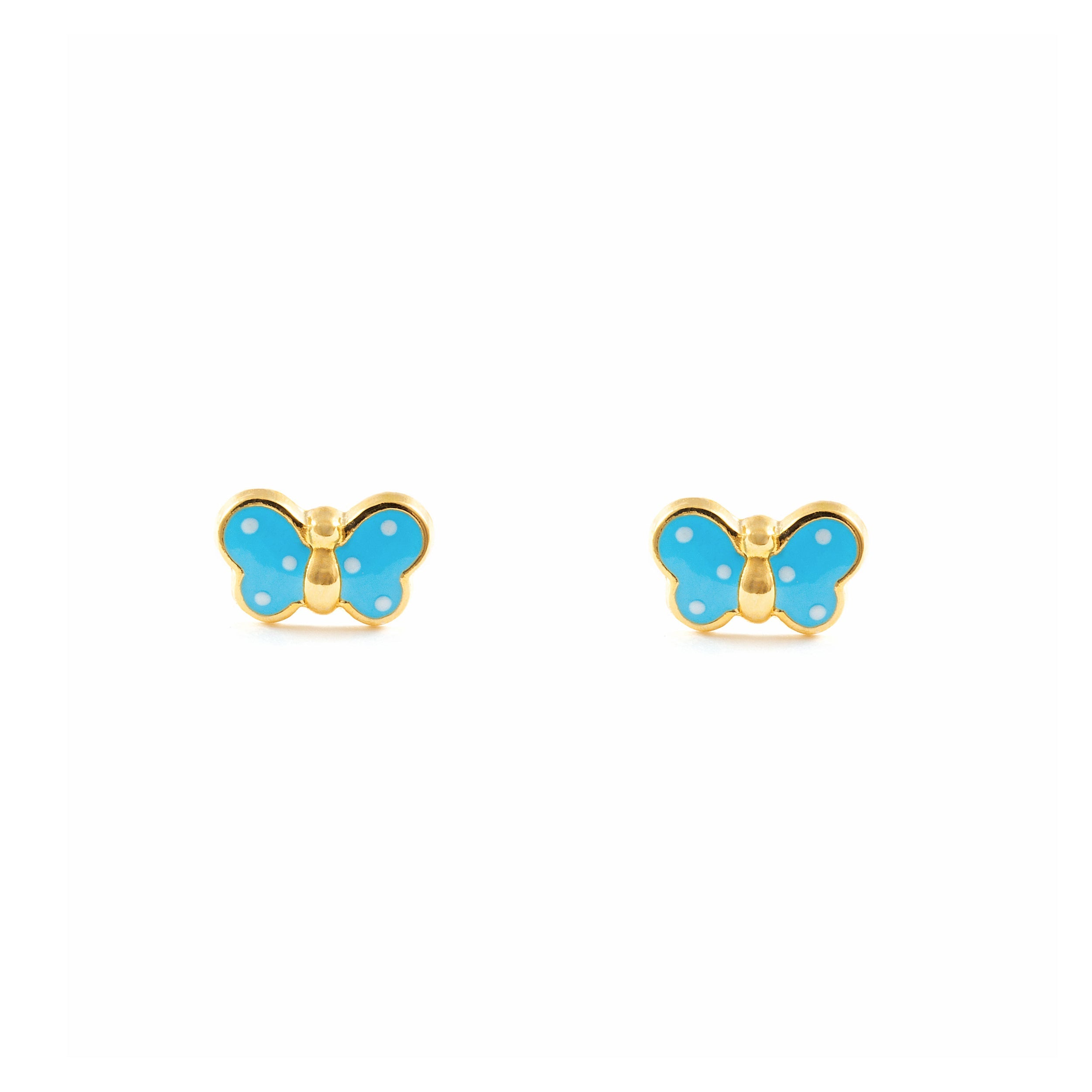 Pendientes Bebe-Niña Oro Amarillo 18K Mariposa Esmalte Azul Claro Brillo