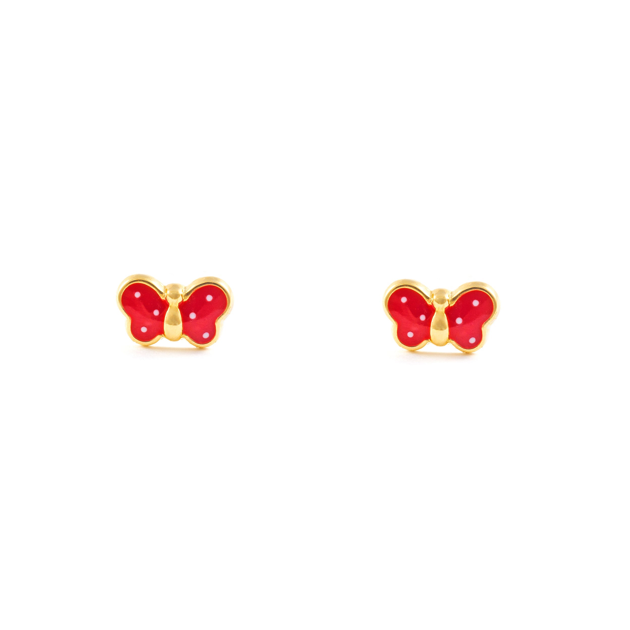 Pendientes Bebe-Niña Oro Amarillo 9K Mariposa Esmalte Rojo Brillo