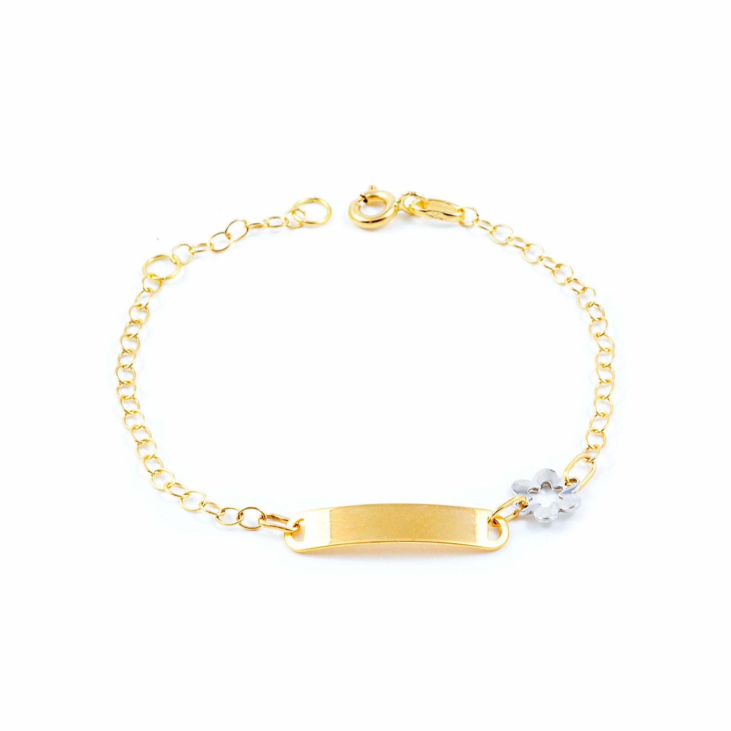 Pulsera Niña Oro Bicolor 18K Personalizada Esclava Flor Brillo y Textura 14 cm